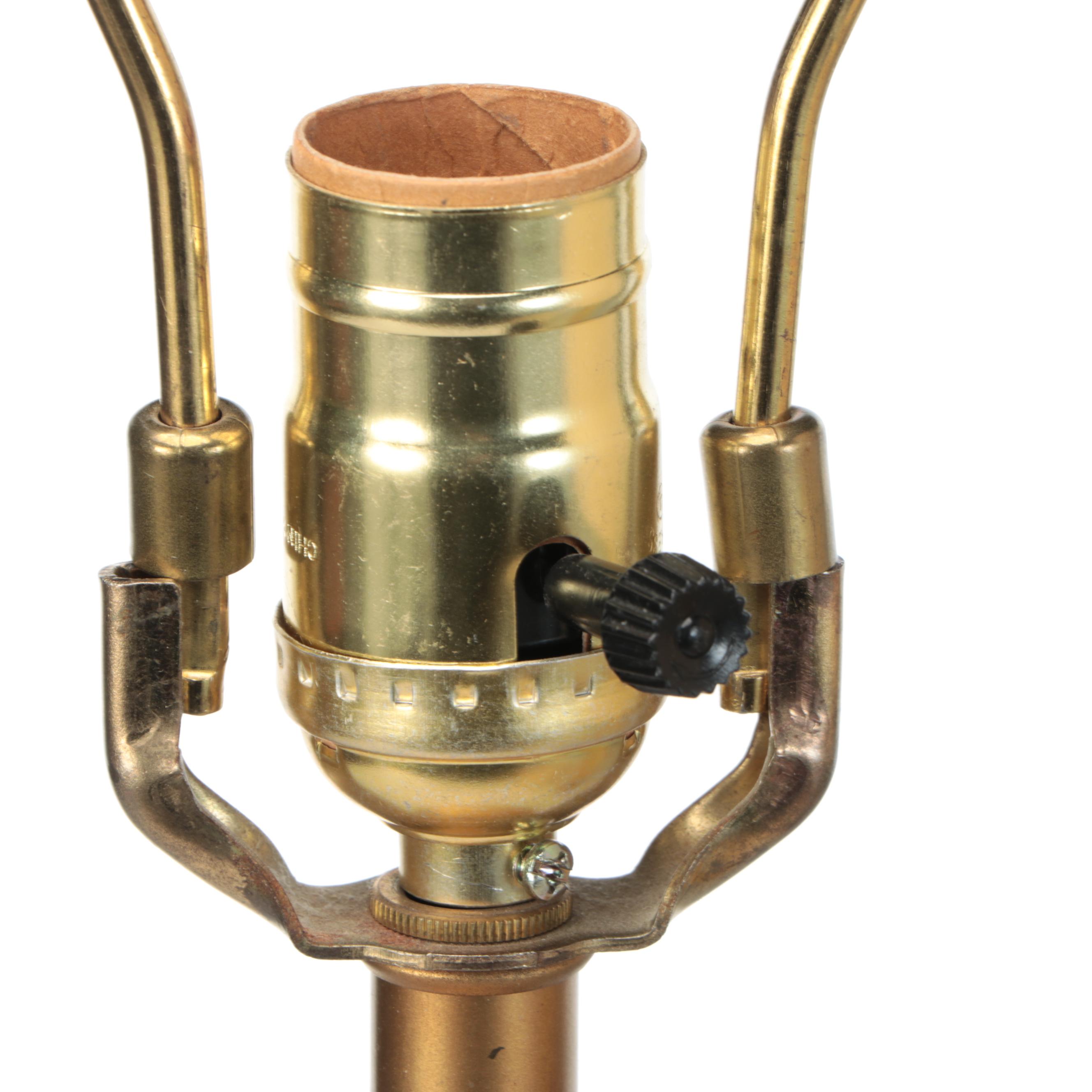 Murano Style Gold Flake Amber Glass and Giltwood Table Lamps, & Oval Drum Shades