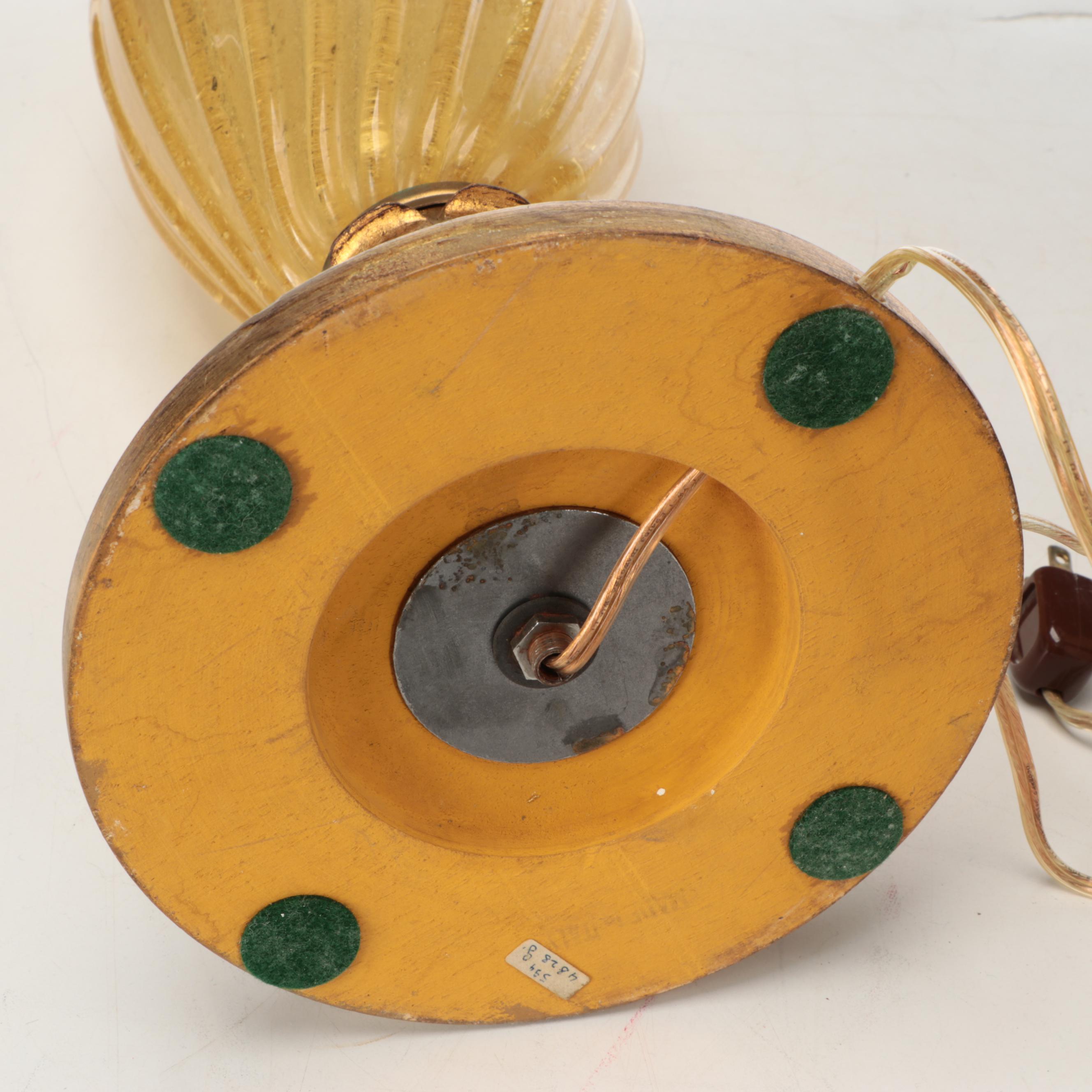 Murano Style Gold Flake Amber Glass and Giltwood Table Lamps, & Oval Drum Shades