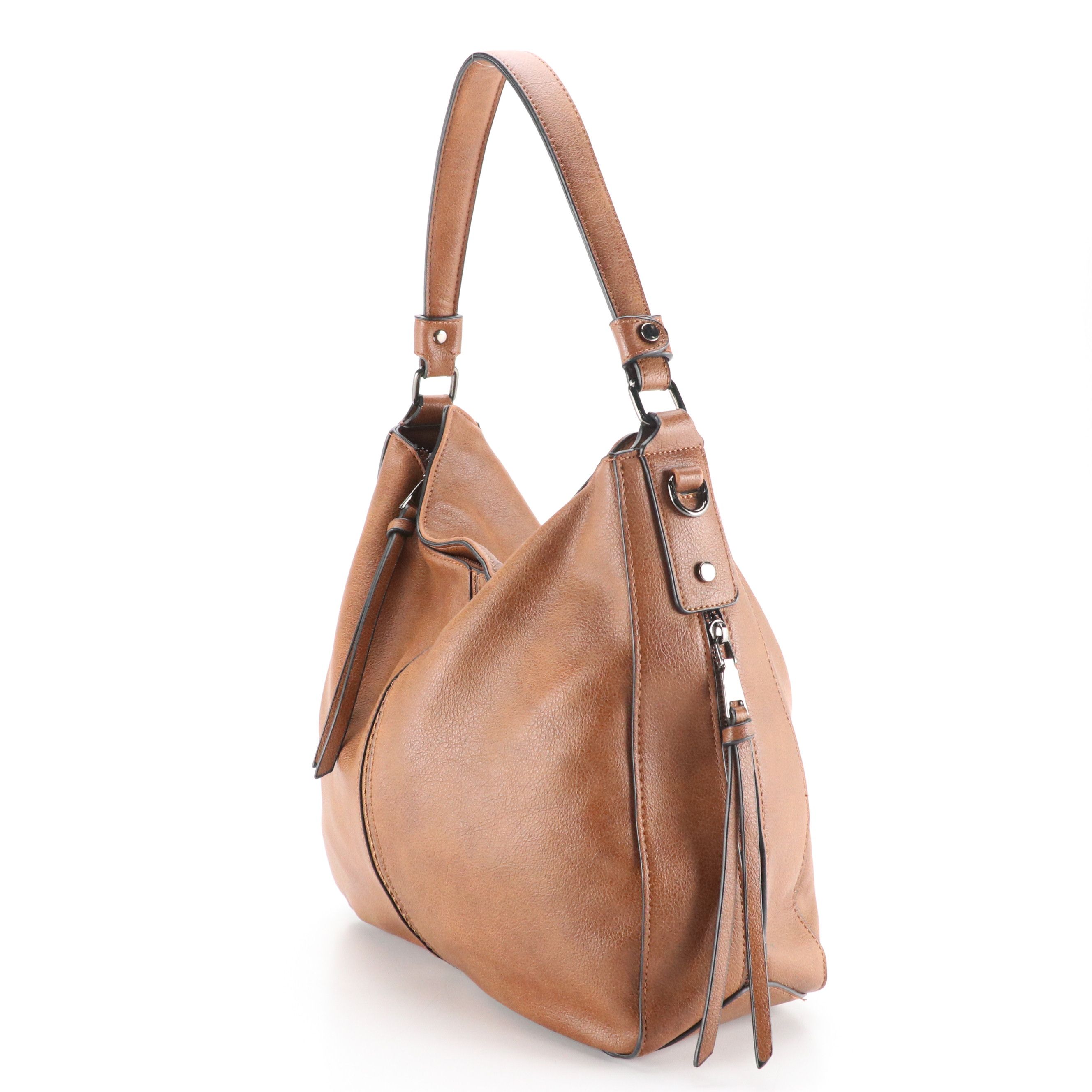 Realer Zippered Hobo Shoulder Bag in Brown Faux Leather