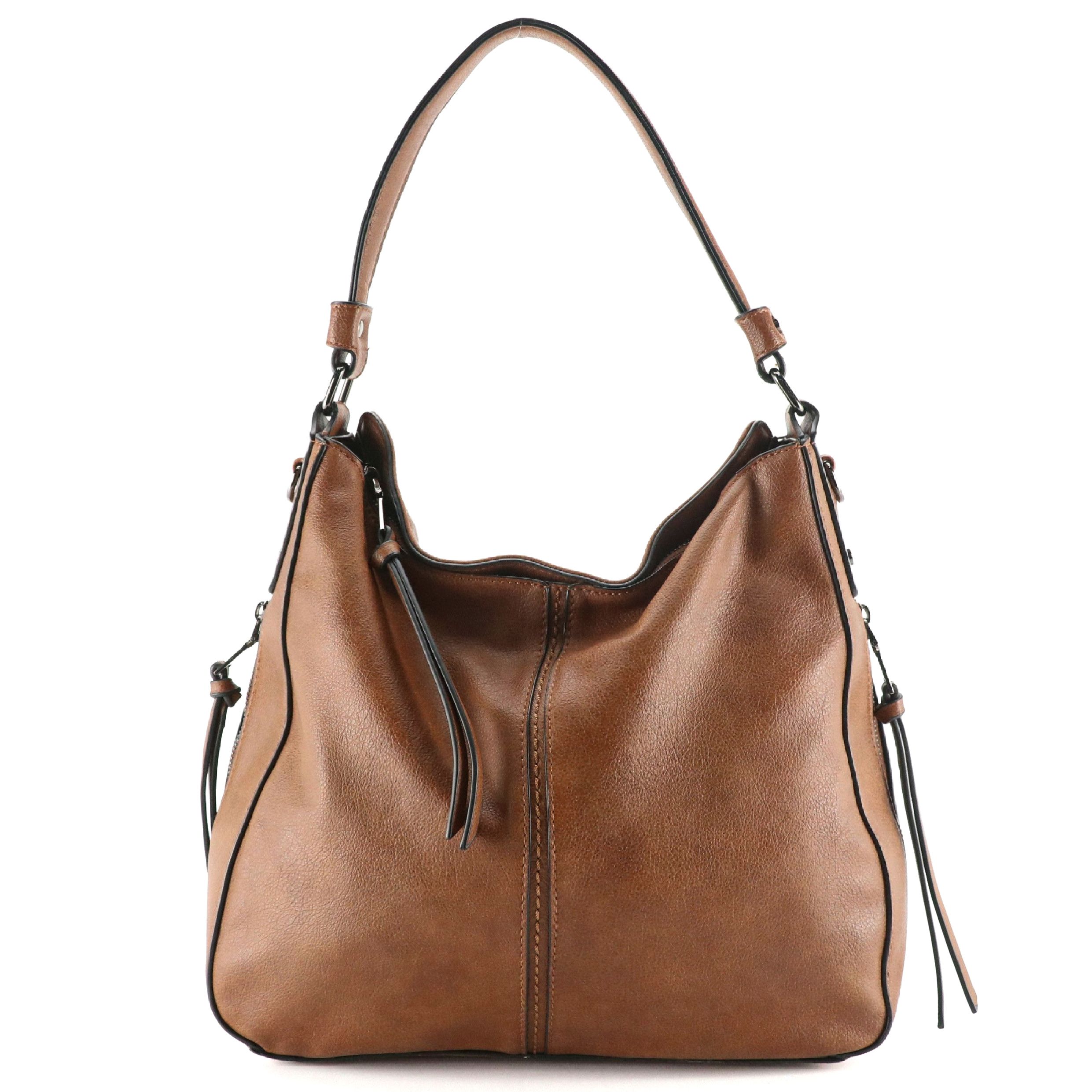 Realer Zippered Hobo Shoulder Bag in Brown Faux Leather