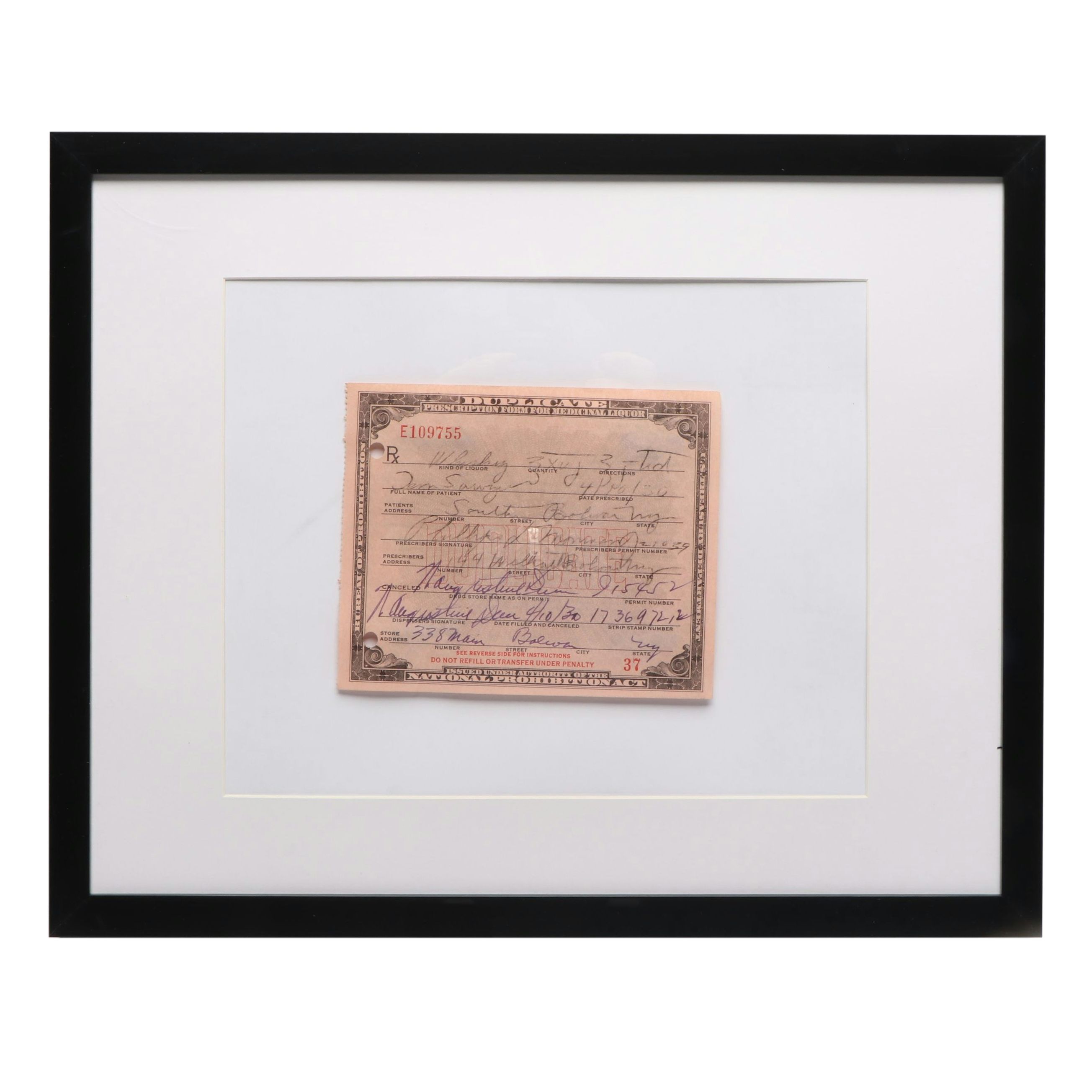 Prohibition Era Prescription Form for Whiskey, 1930