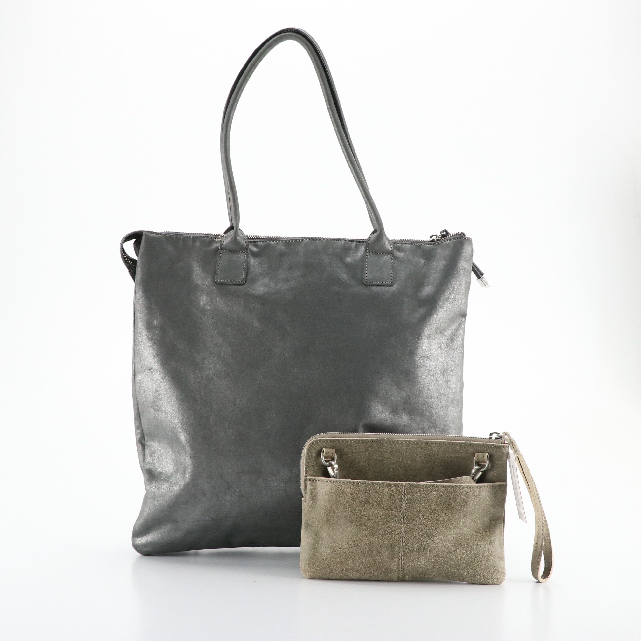 Hammitt "Nash" Clutch in Pewter Distressed Leather, Kipling Coated Canvas Tote