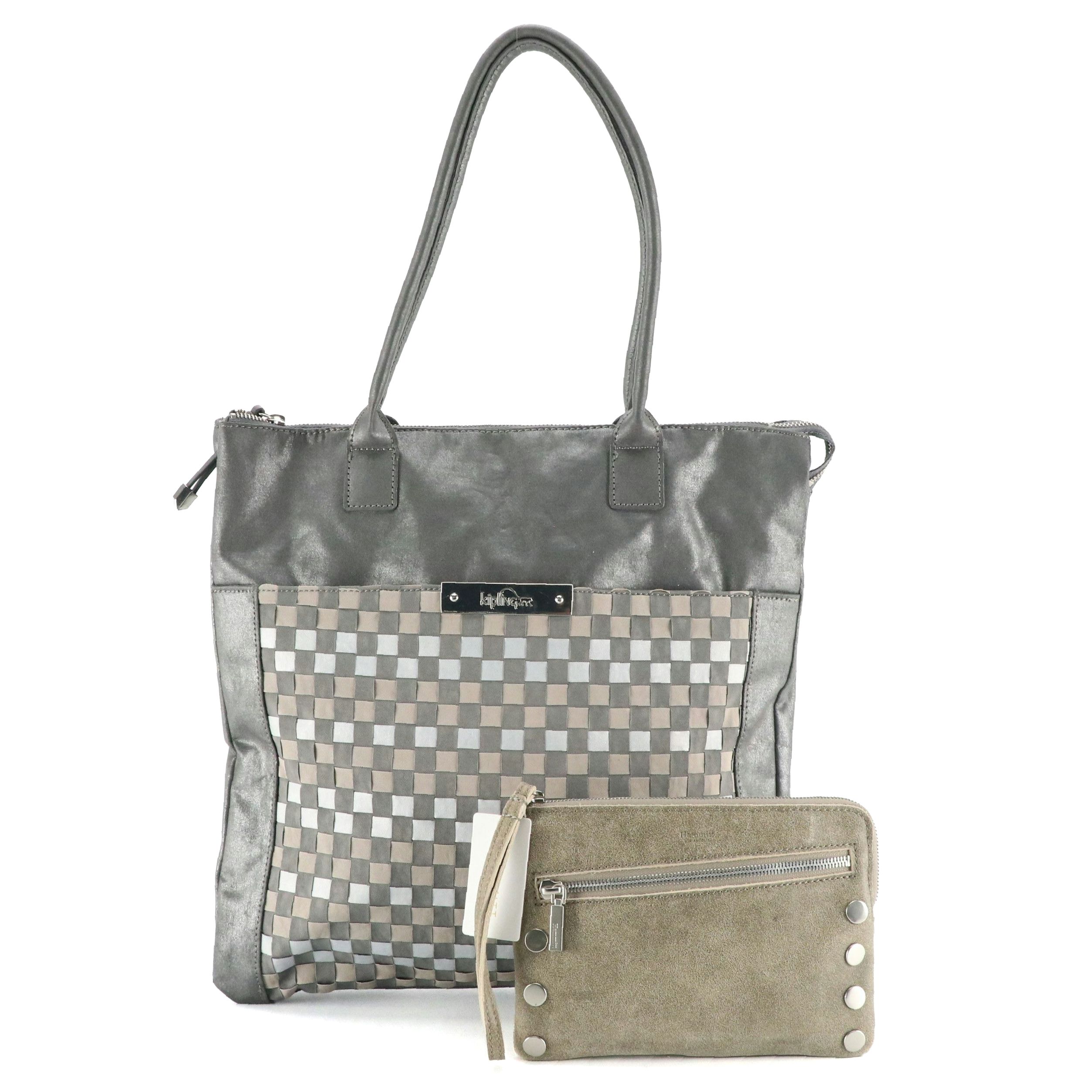 Hammitt "Nash" Clutch in Pewter Distressed Leather, Kipling Coated Canvas Tote