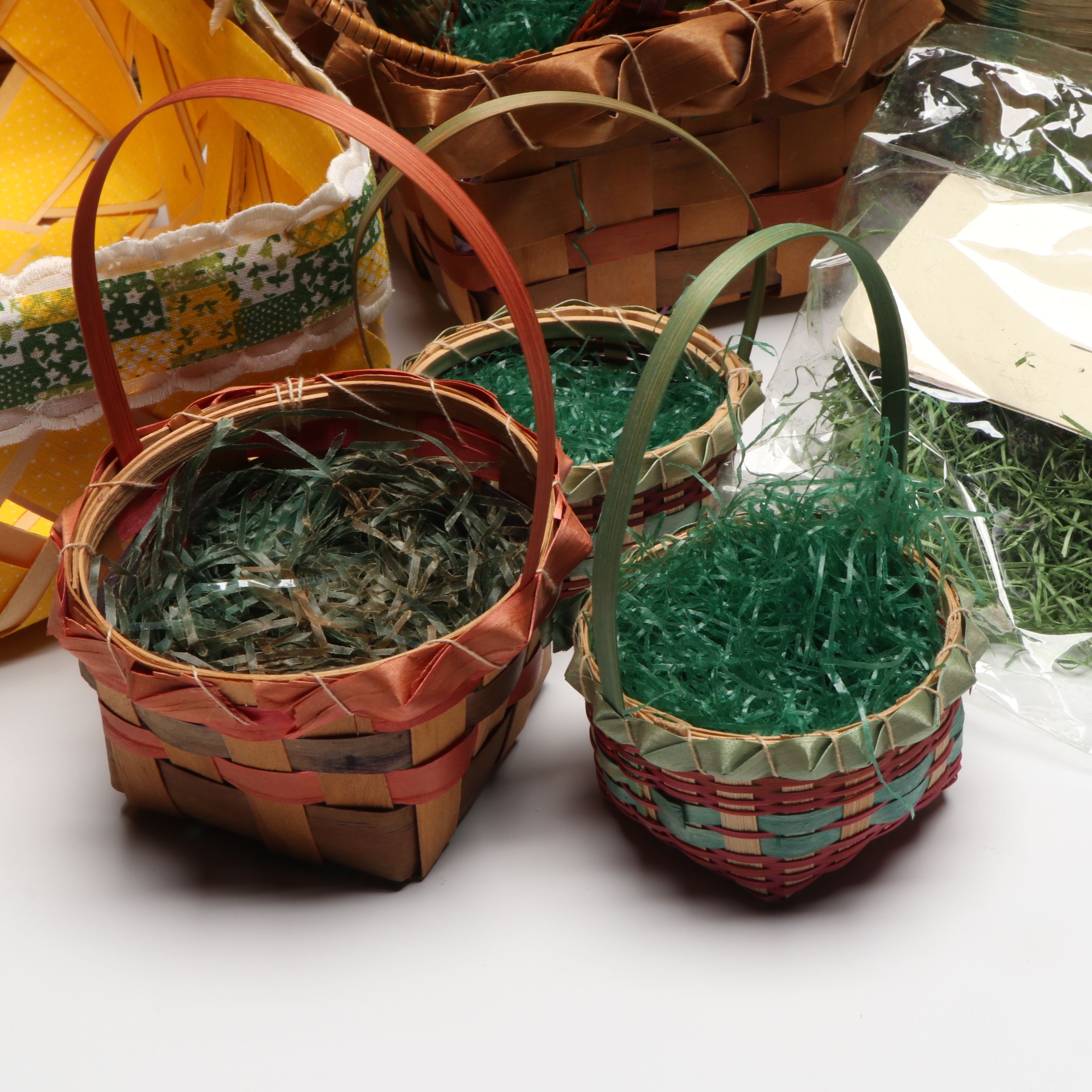 Woven Polychrome Baskets with Seasonal Ribbon and Easter Grass