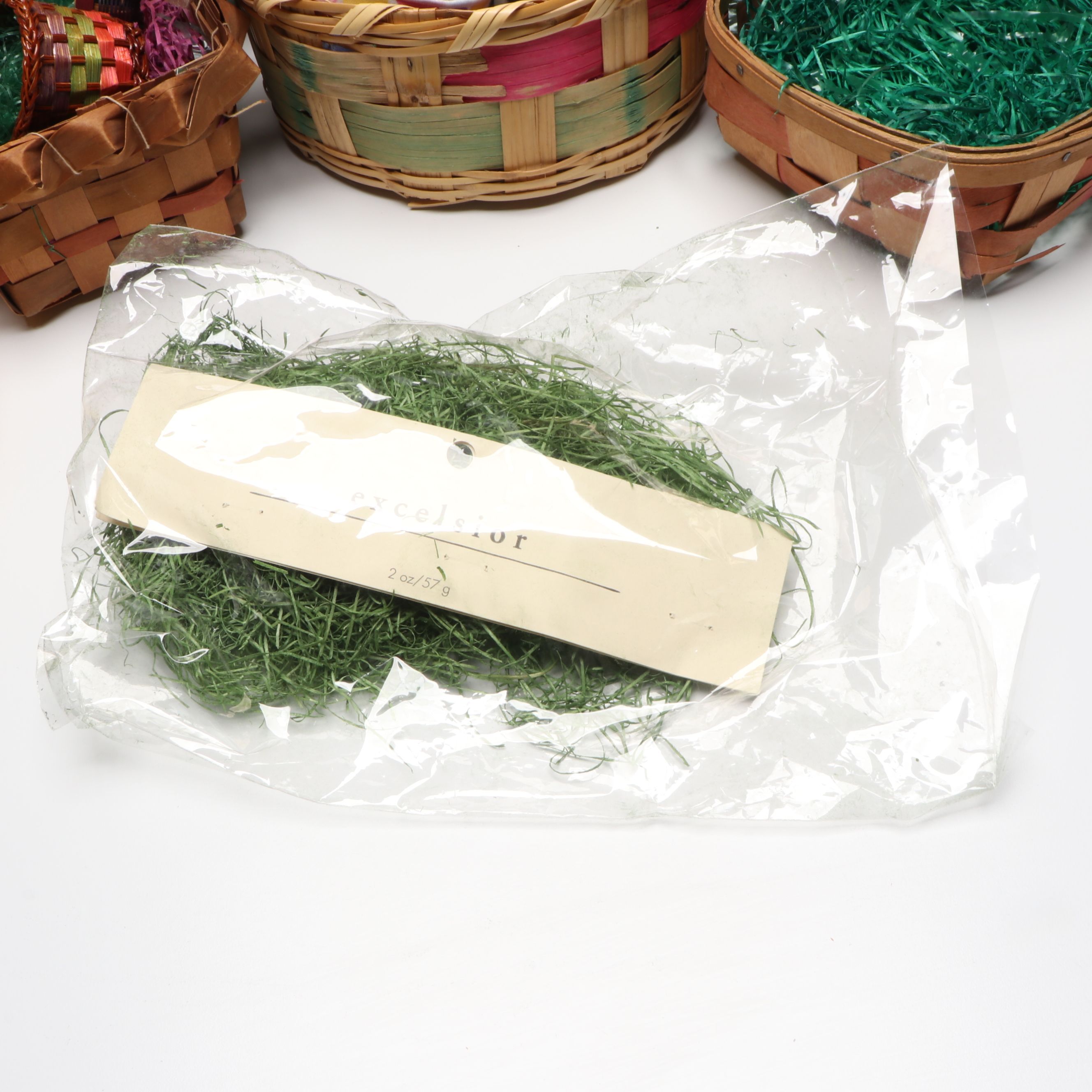 Woven Polychrome Baskets with Seasonal Ribbon and Easter Grass