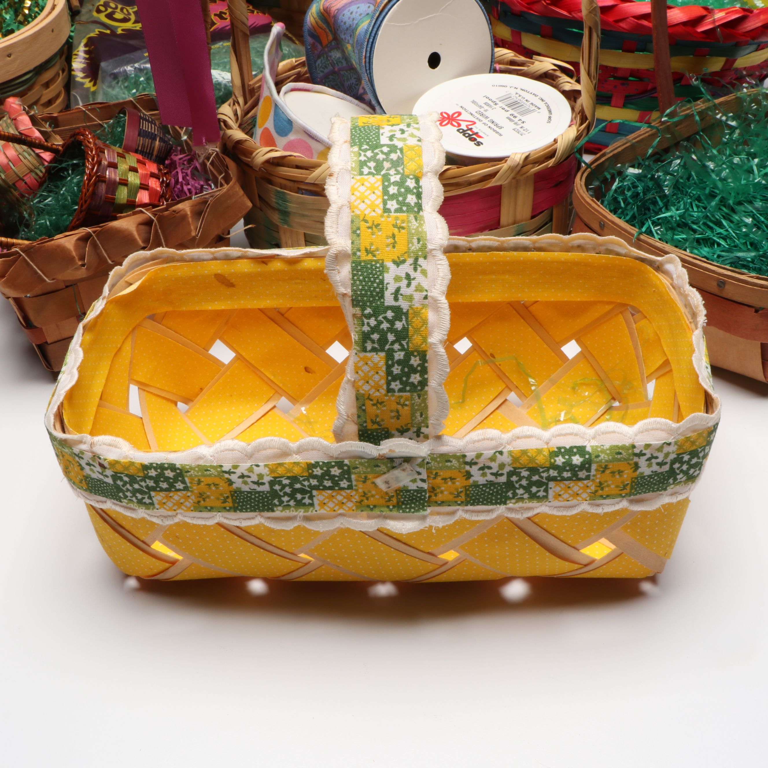 Woven Polychrome Baskets with Seasonal Ribbon and Easter Grass
