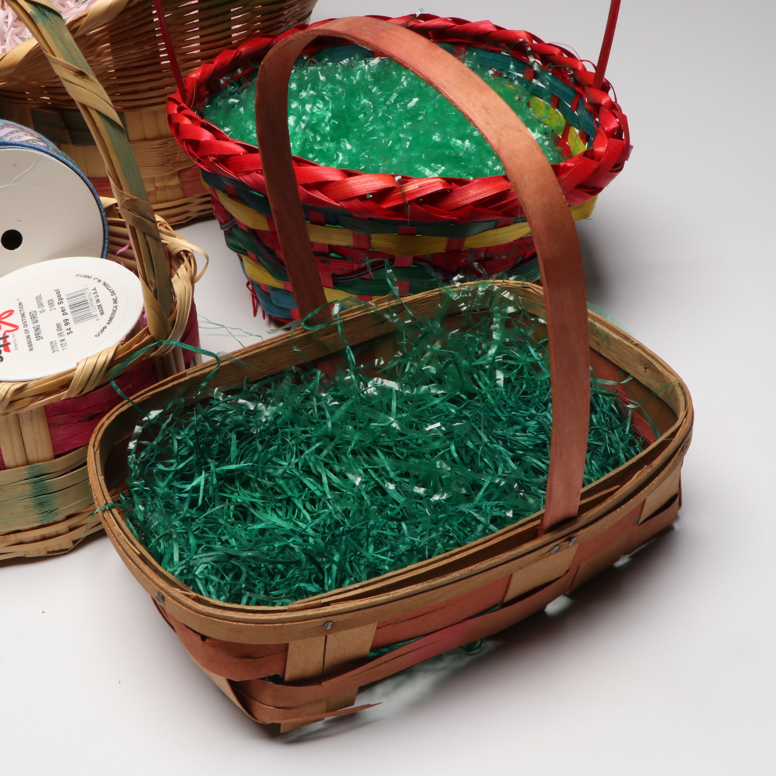 Woven Polychrome Baskets with Seasonal Ribbon and Easter Grass