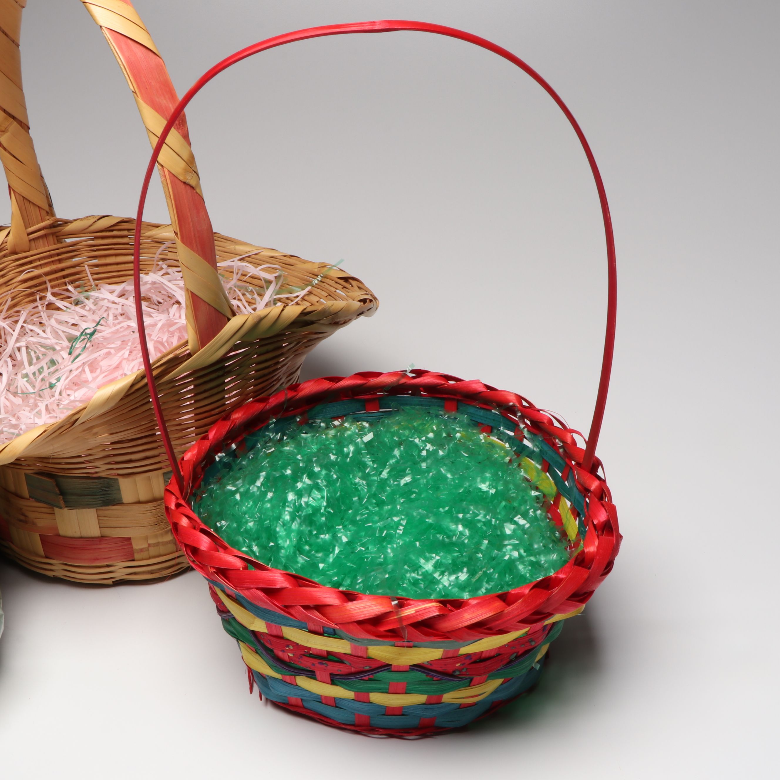 Woven Polychrome Baskets with Seasonal Ribbon and Easter Grass