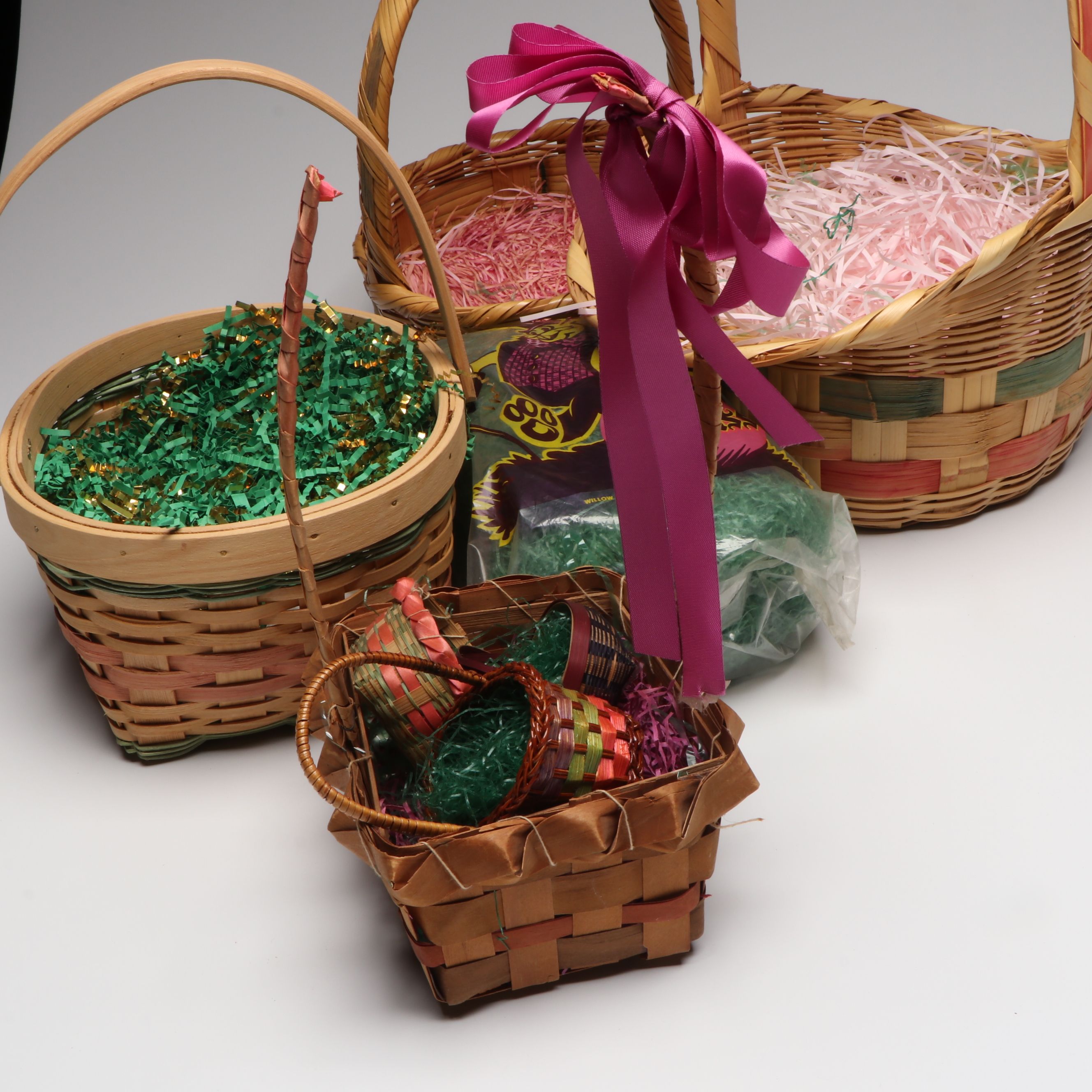 Woven Polychrome Baskets with Seasonal Ribbon and Easter Grass