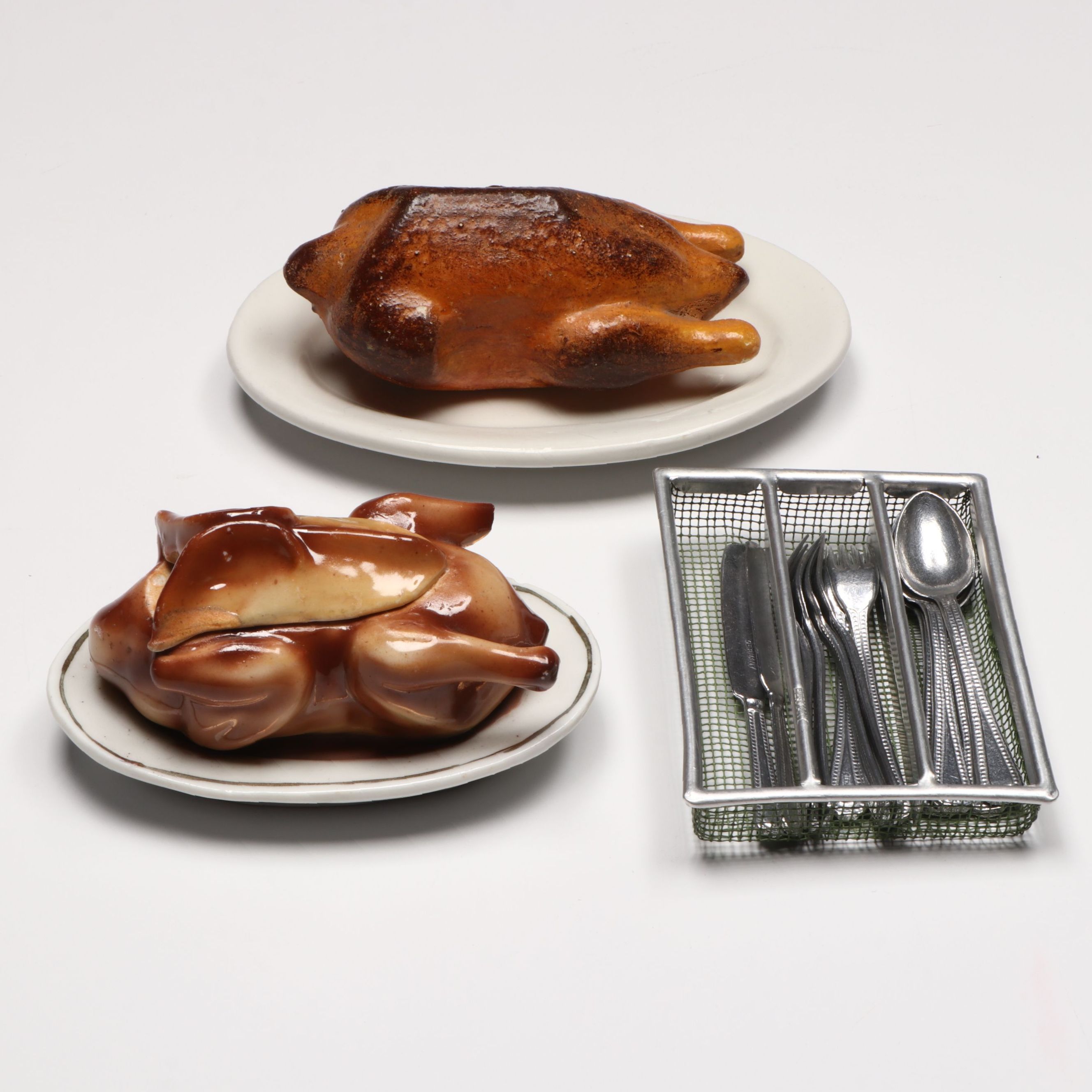Novelty Turkey Salt Cellar with Turkey Candy Container and Doll Silverware