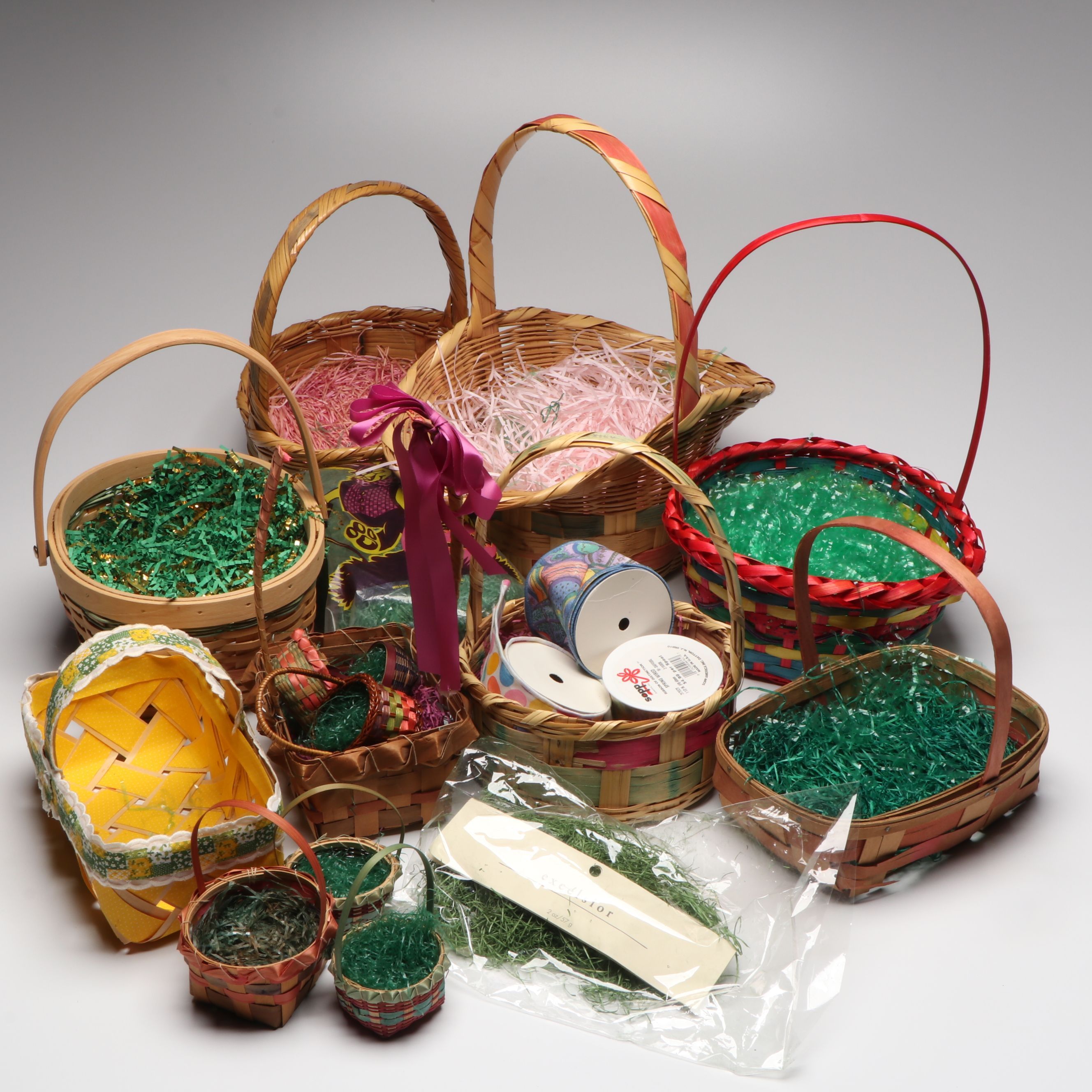 Woven Polychrome Baskets with Seasonal Ribbon and Easter Grass