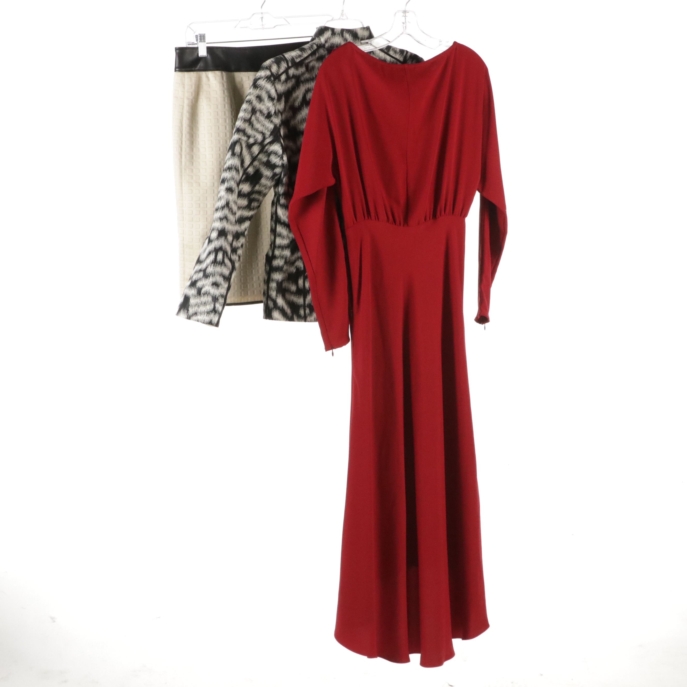 Lafayette 148 Printed Jacket, Trina Turk Ruched Midi Dress, and Per Se Skirt