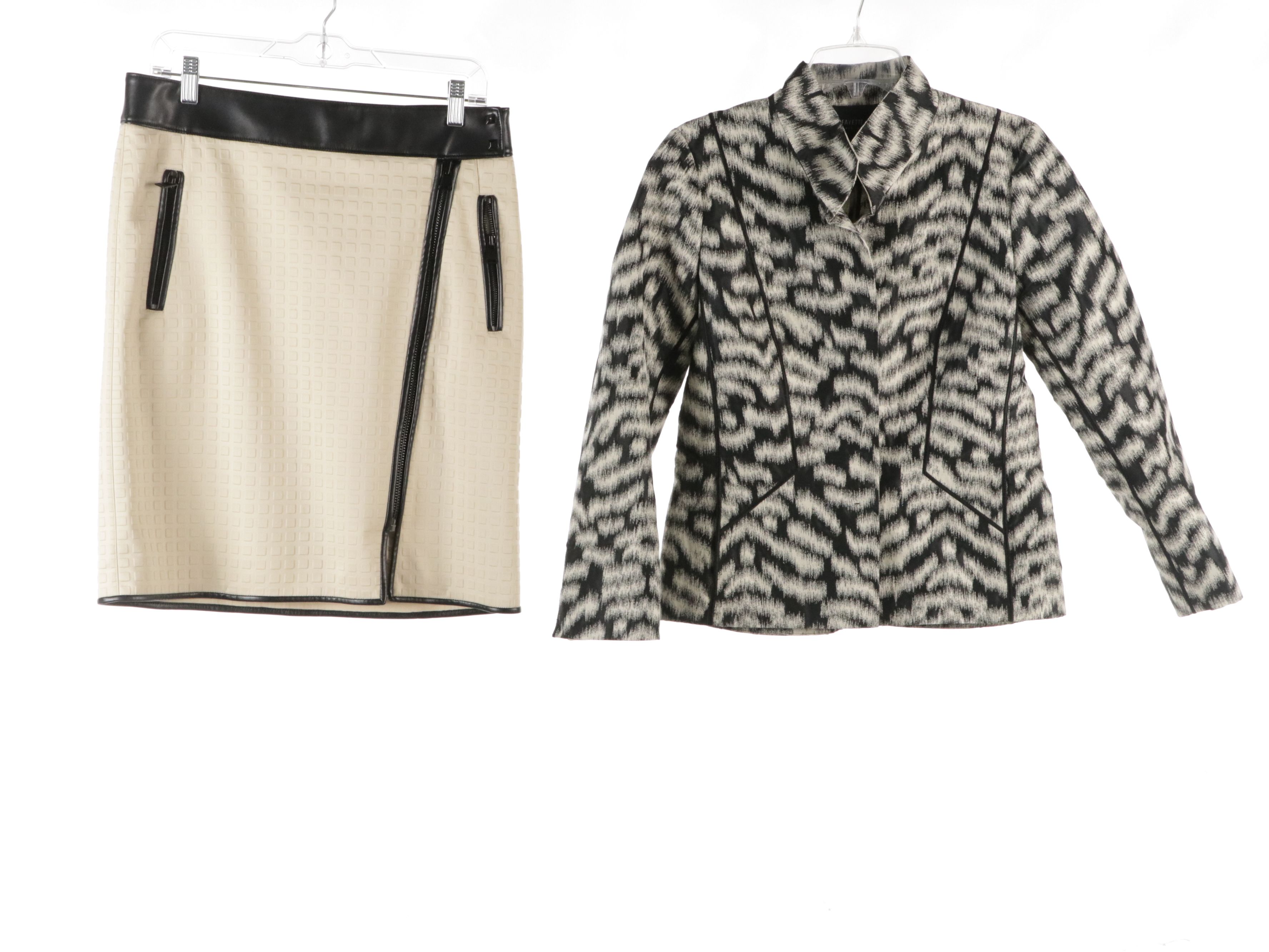 Lafayette 148 Printed Jacket, Trina Turk Ruched Midi Dress, and Per Se Skirt