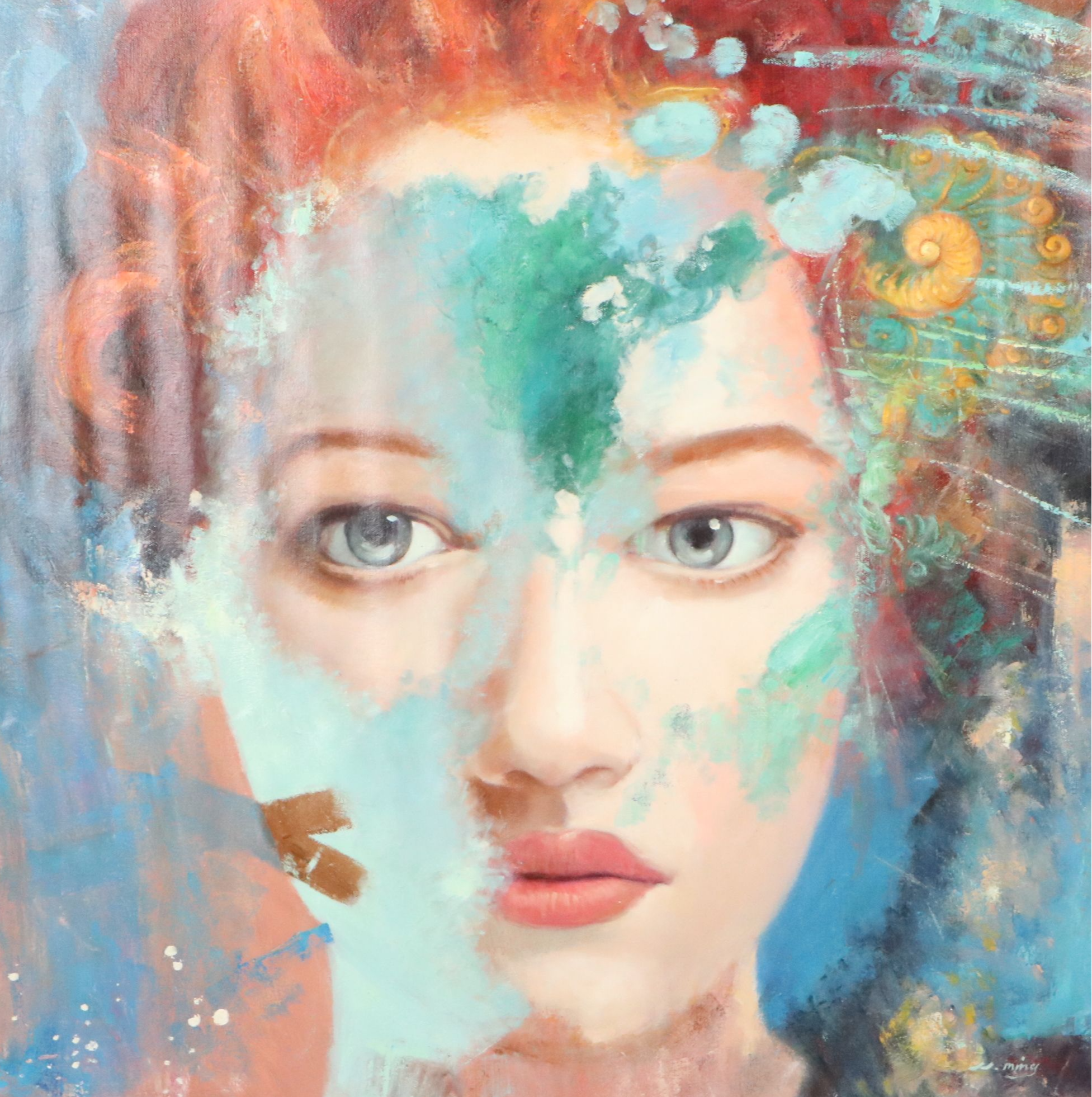 N. Ming Portrait Oil Painting of Woman, 21st Century