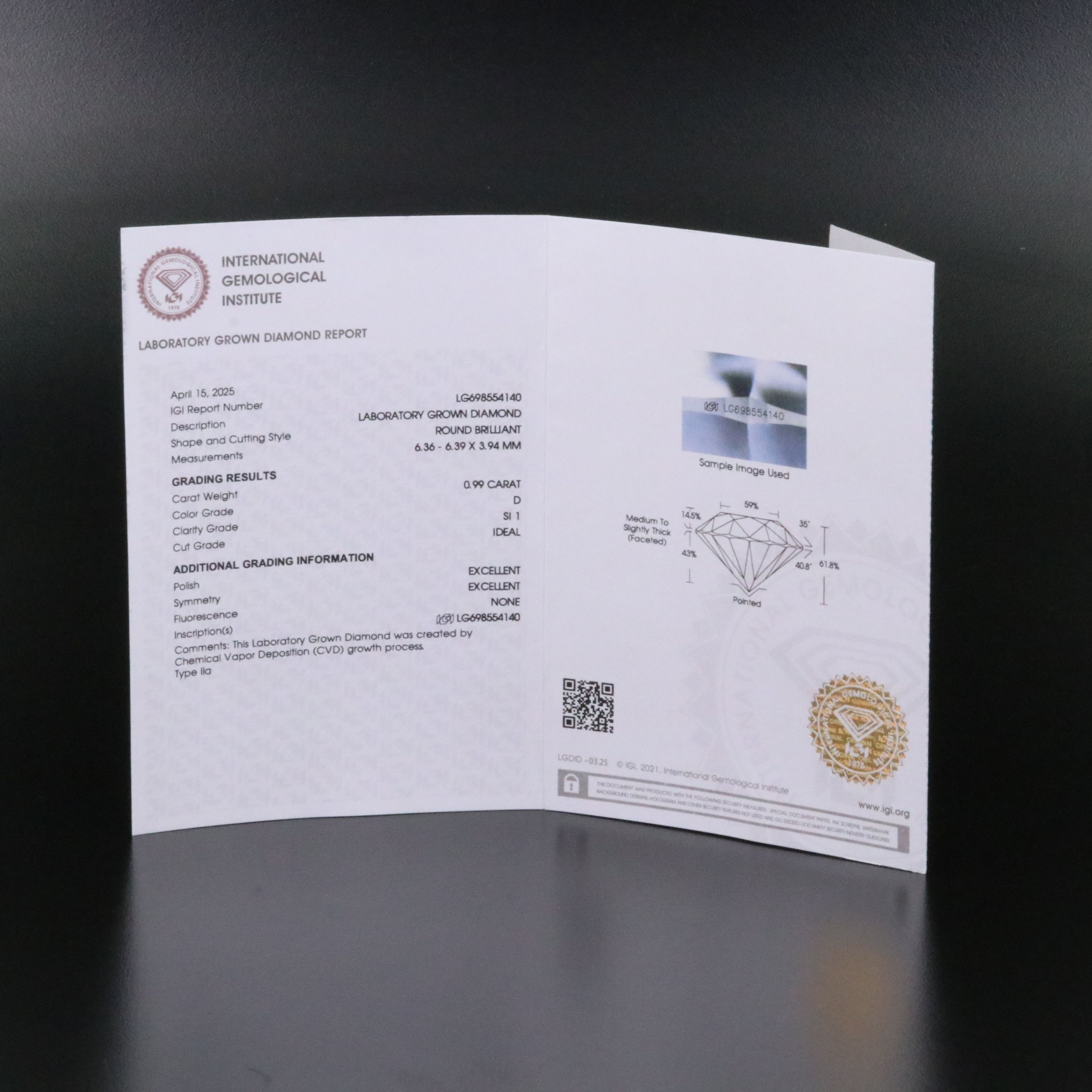 Loose 0.99 CT Lab Grown Diamond with IGI Report