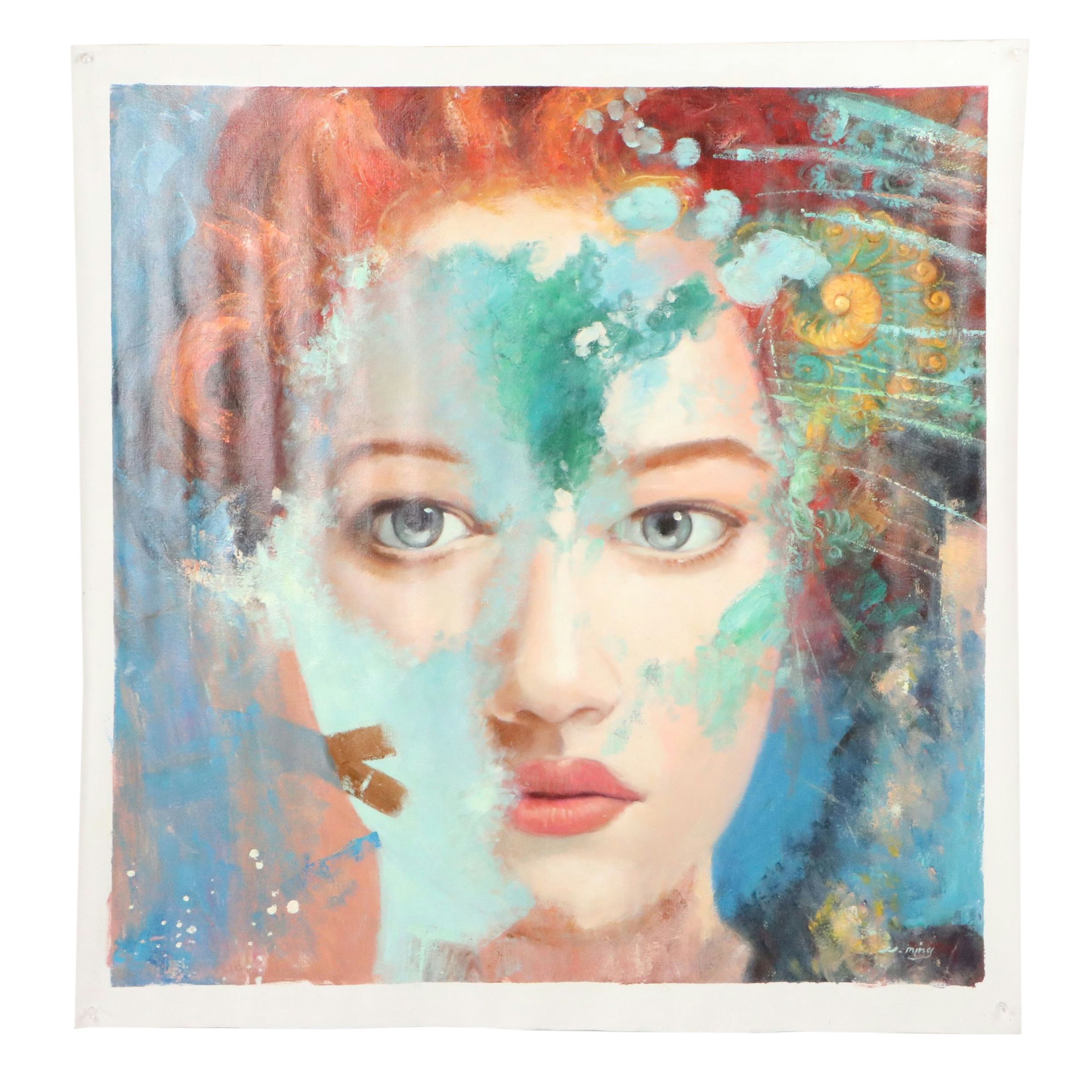 N. Ming Portrait Oil Painting of Woman, 21st Century