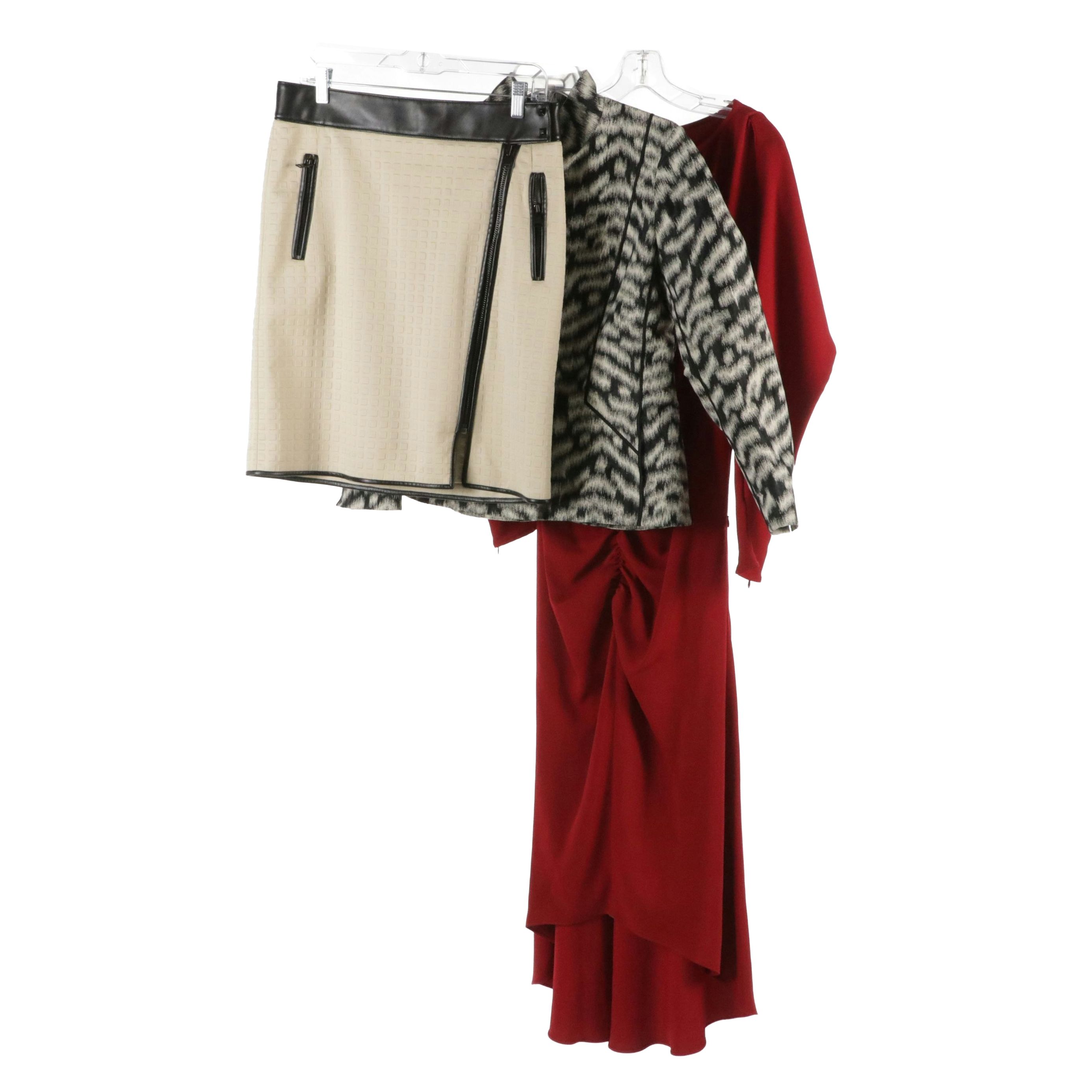 Lafayette 148 Printed Jacket, Trina Turk Ruched Midi Dress, and Per Se Skirt