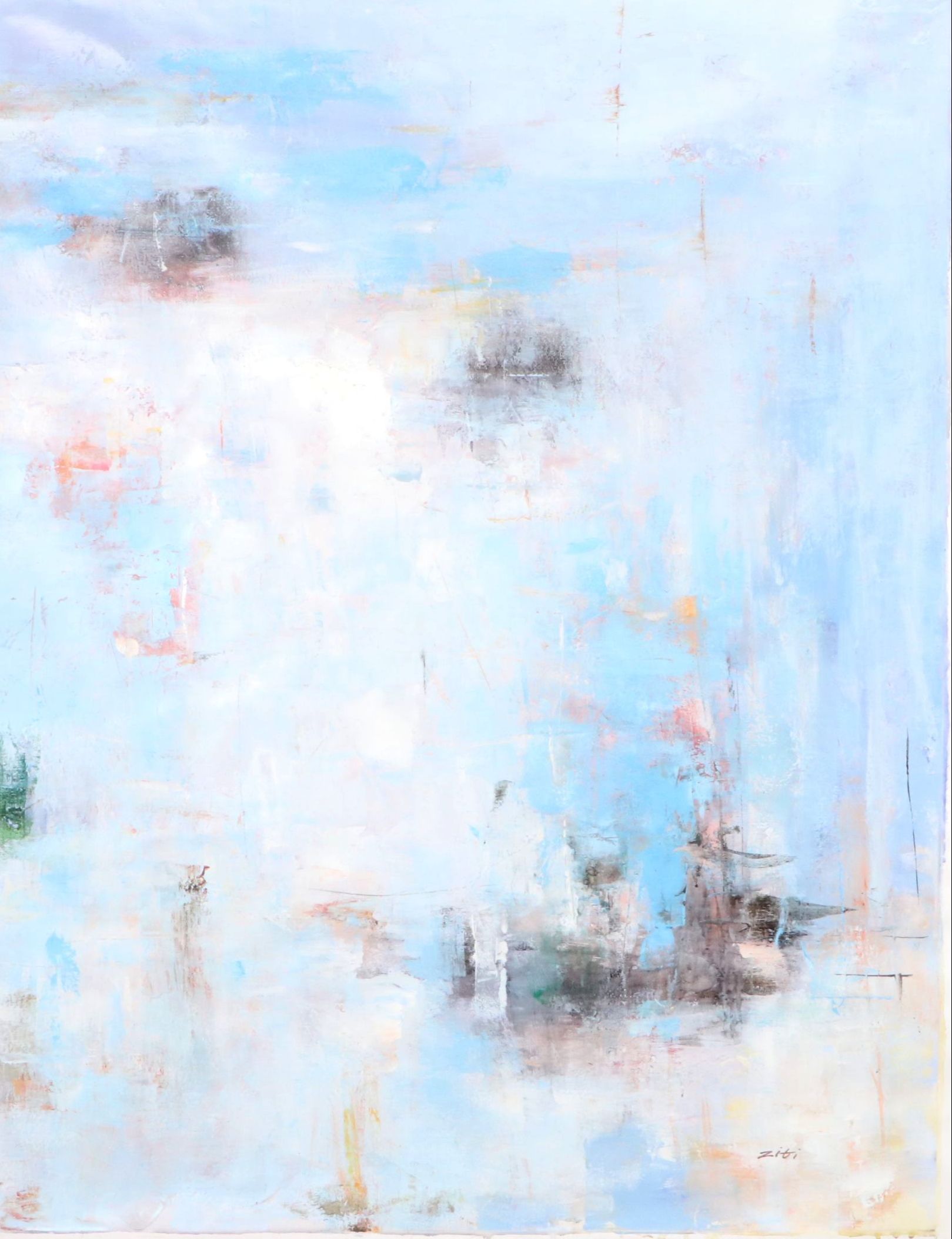 Ziti Abstract Oil Painting in Light Blue, 21st Century