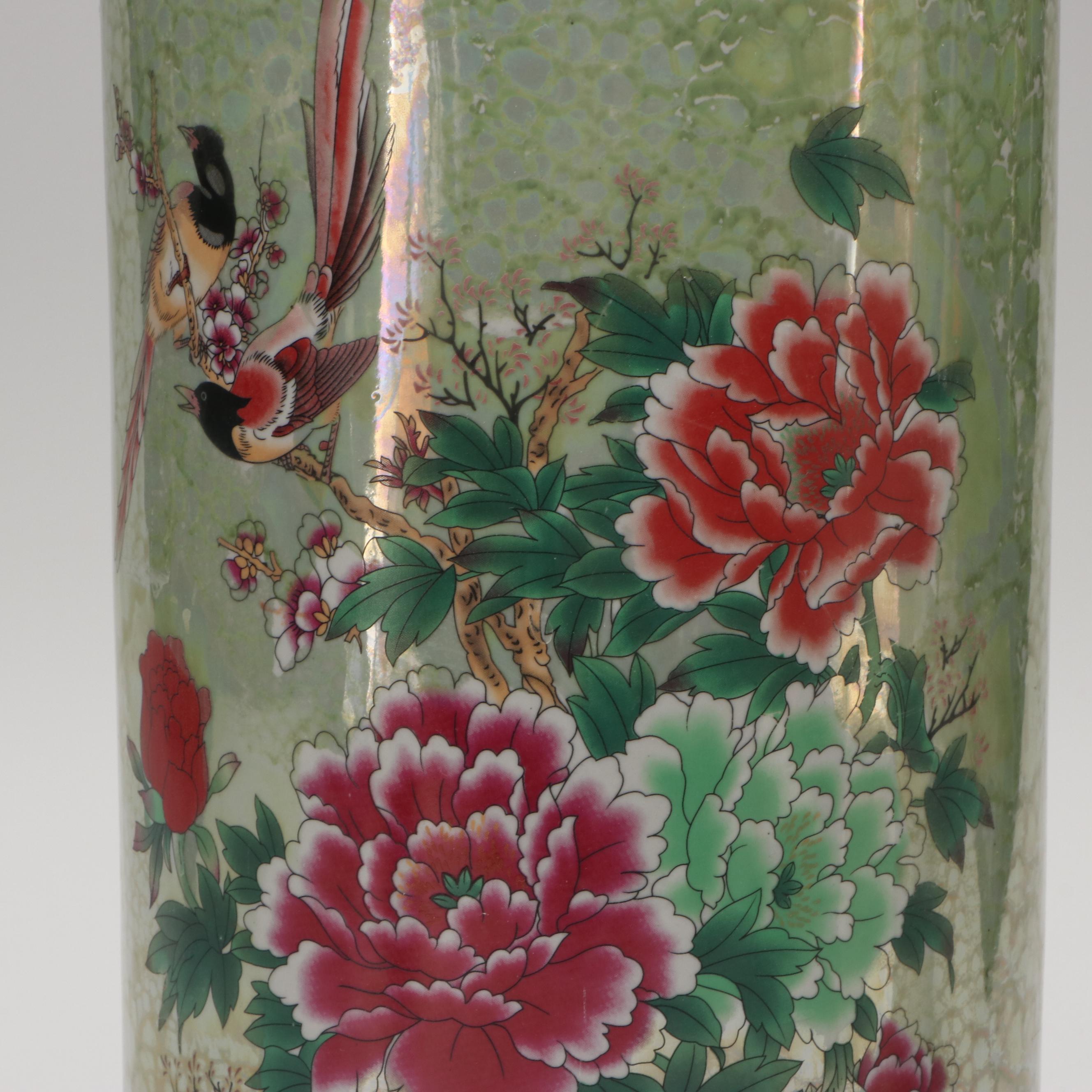 Chinese Peony and Bird Motif Porcelain Umbrella Stand