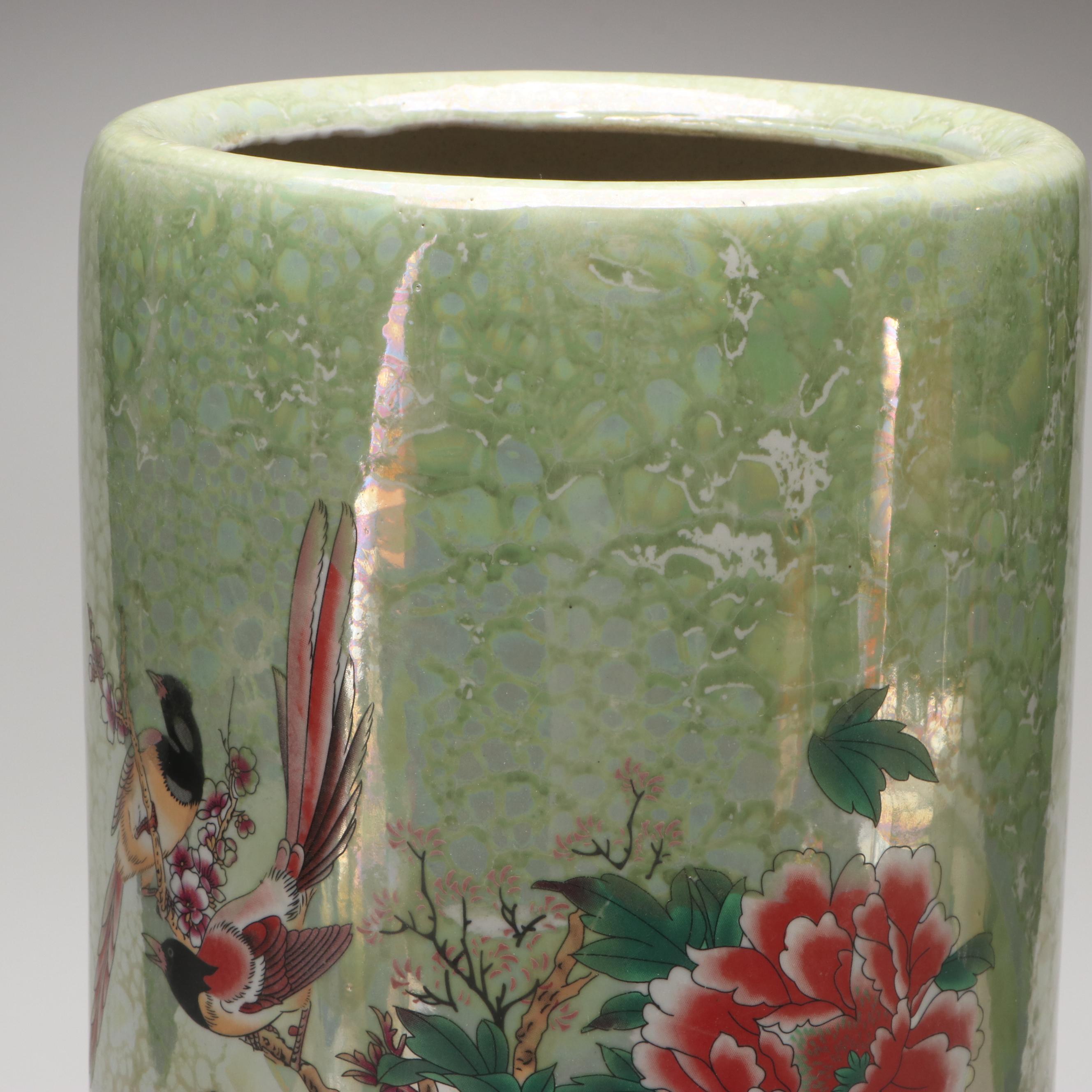 Chinese Peony and Bird Motif Porcelain Umbrella Stand