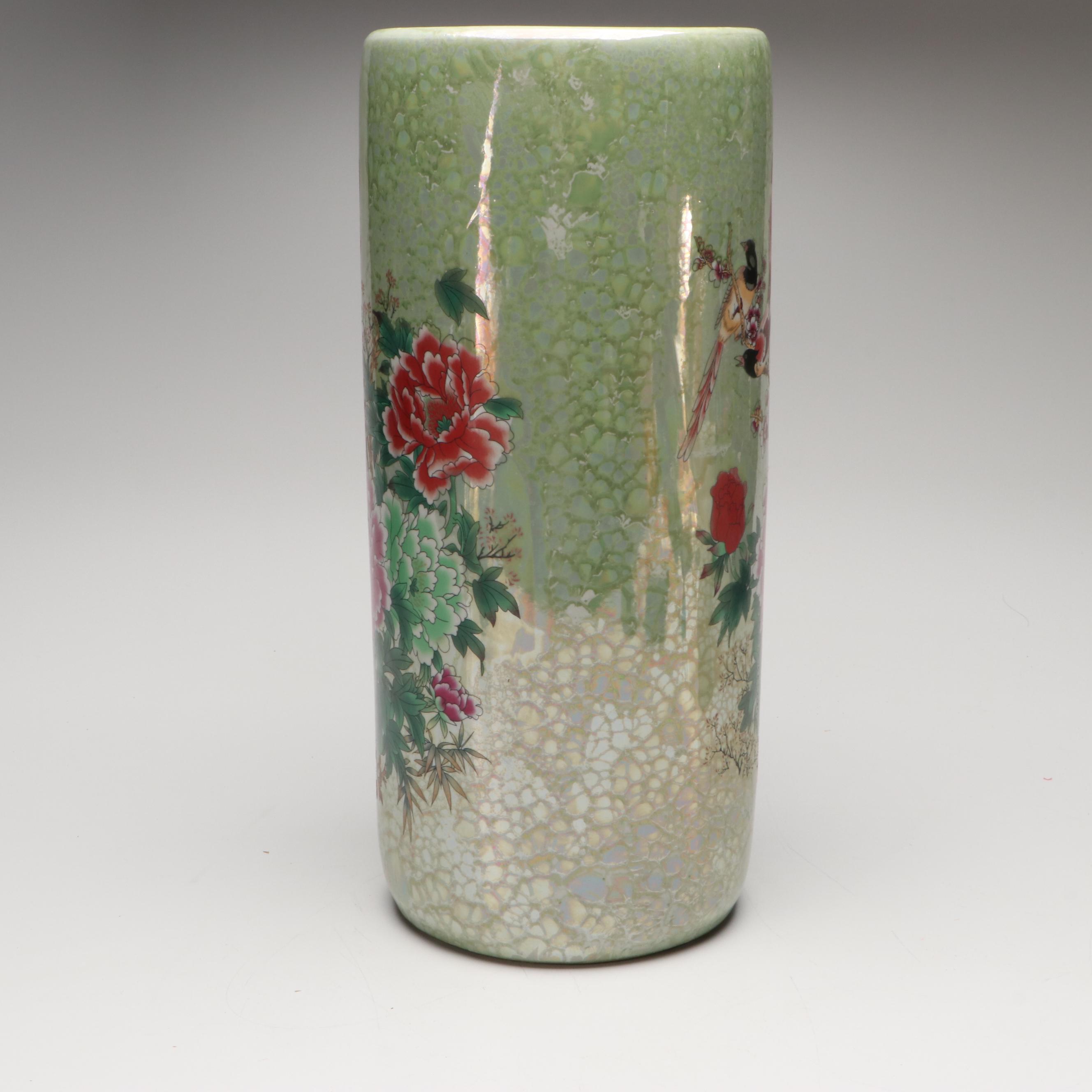 Chinese Peony and Bird Motif Porcelain Umbrella Stand