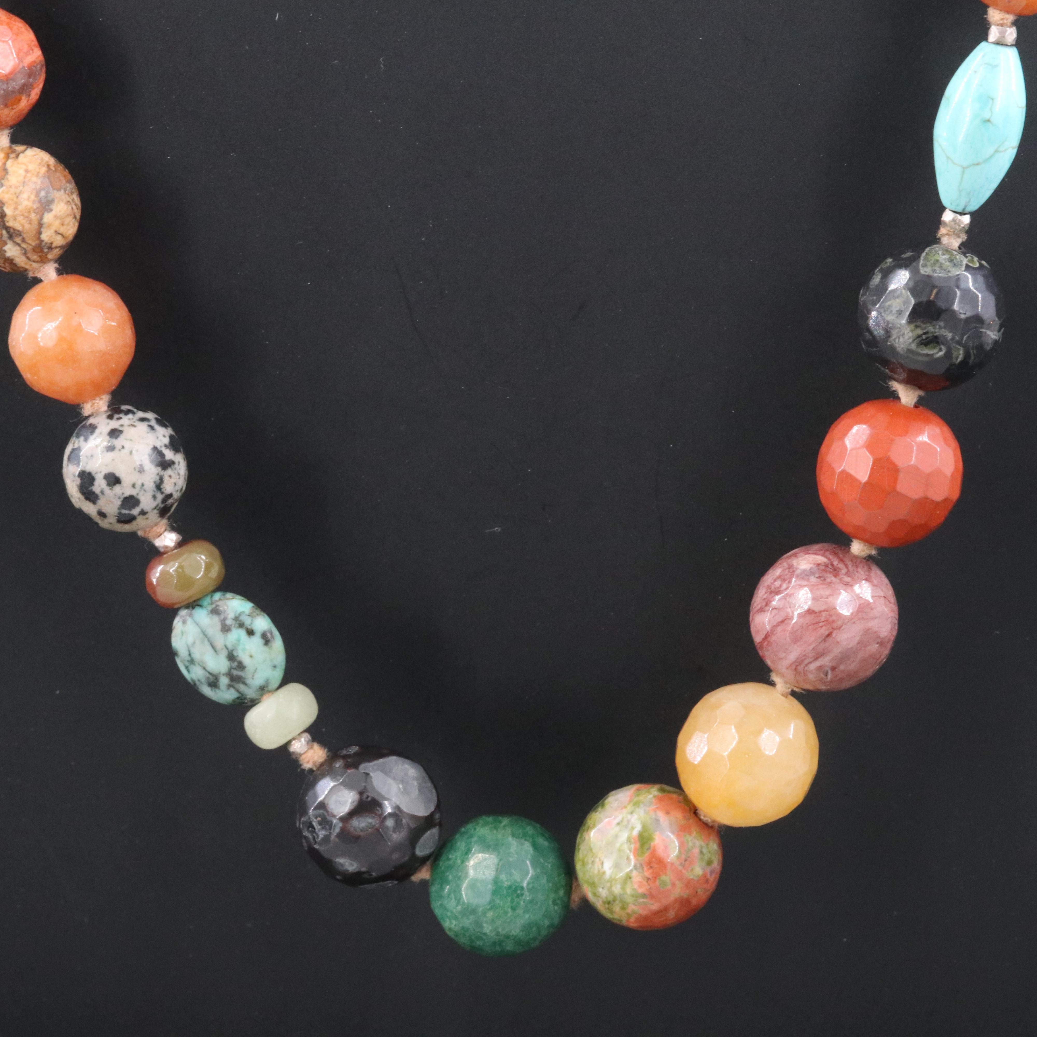 Necklace with Sterling Clasp Including Turquoise, Tiger's Eye and Agate