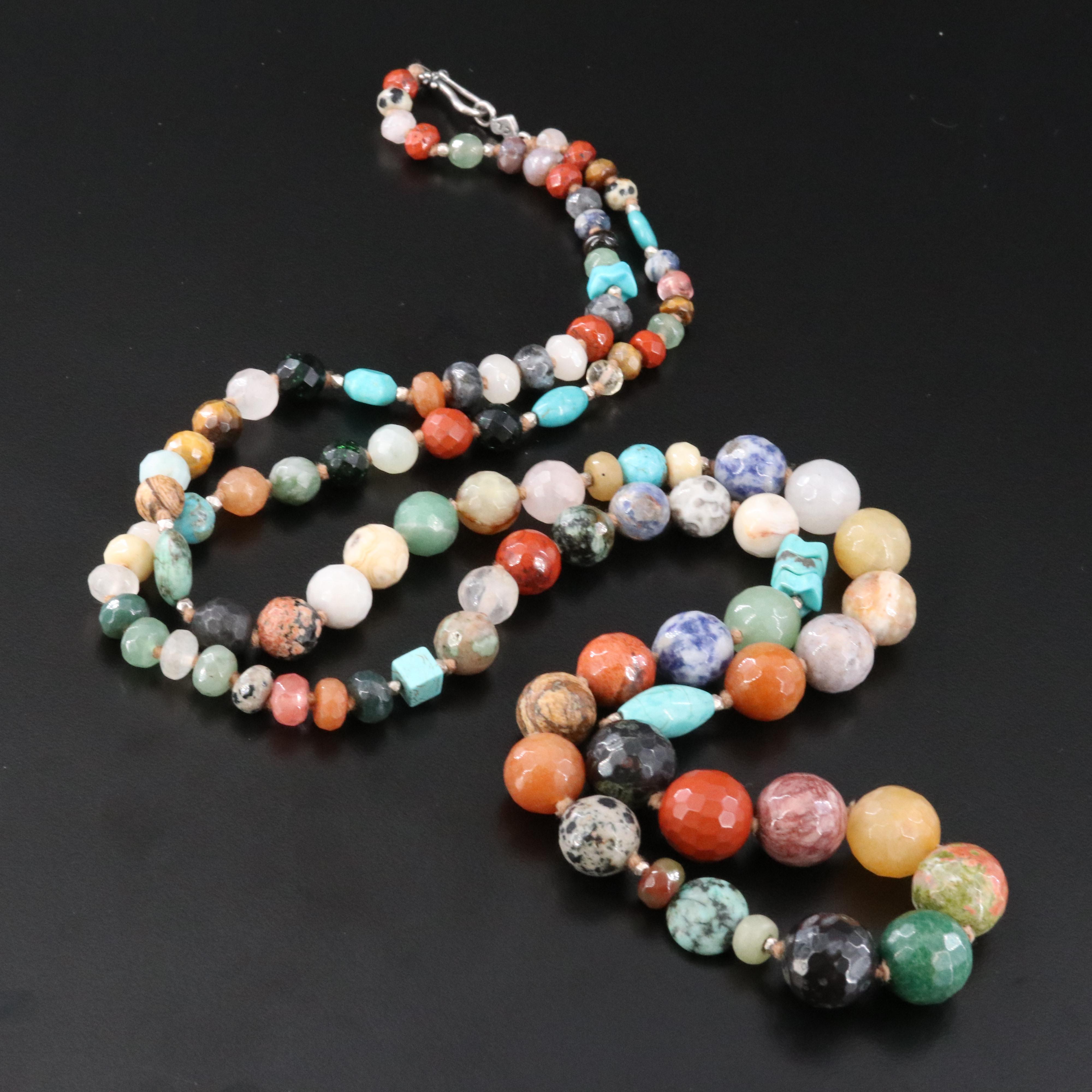 Necklace with Sterling Clasp Including Turquoise, Tiger's Eye and Agate