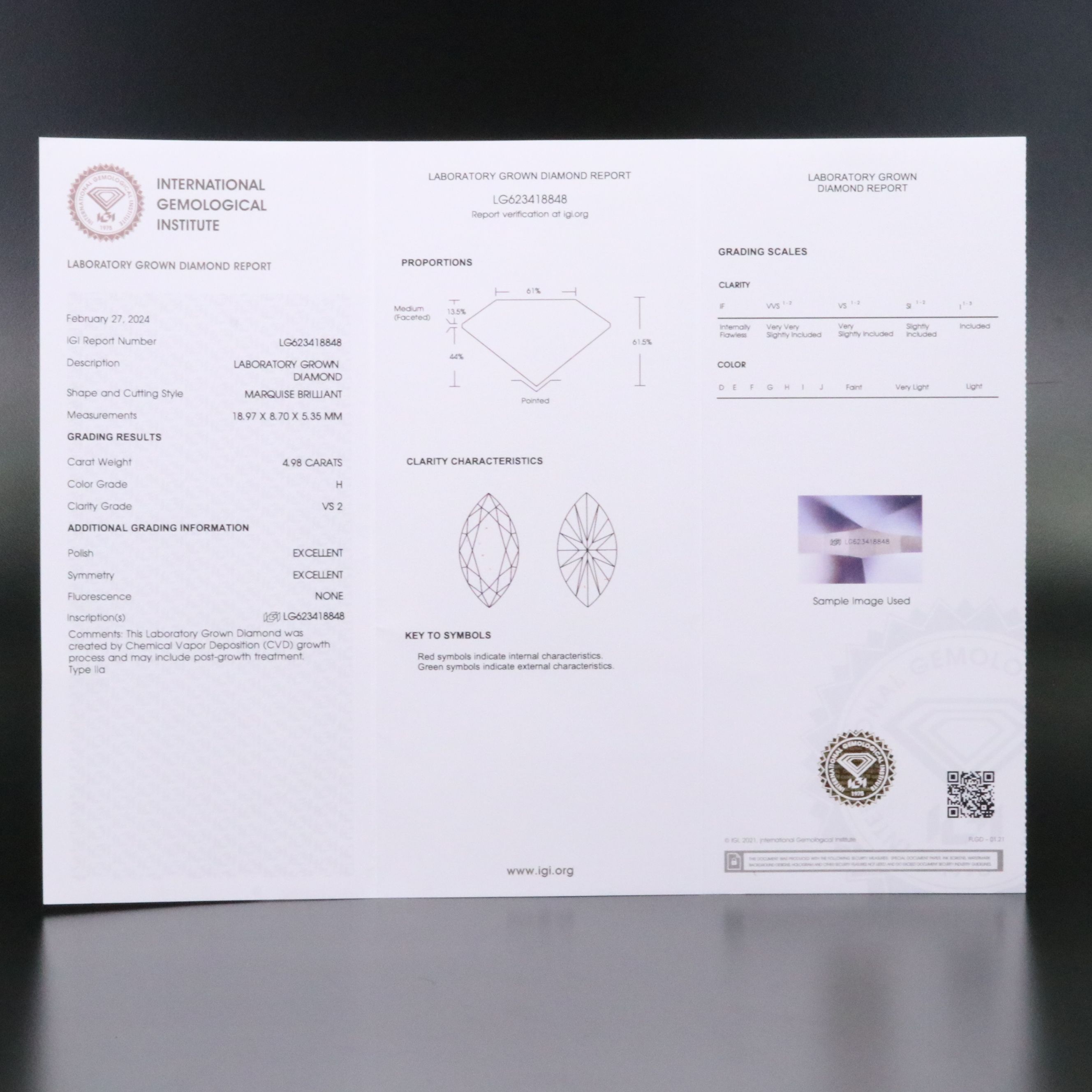 Loose 4.98 CT Lab Grown Diamond with IGI Report