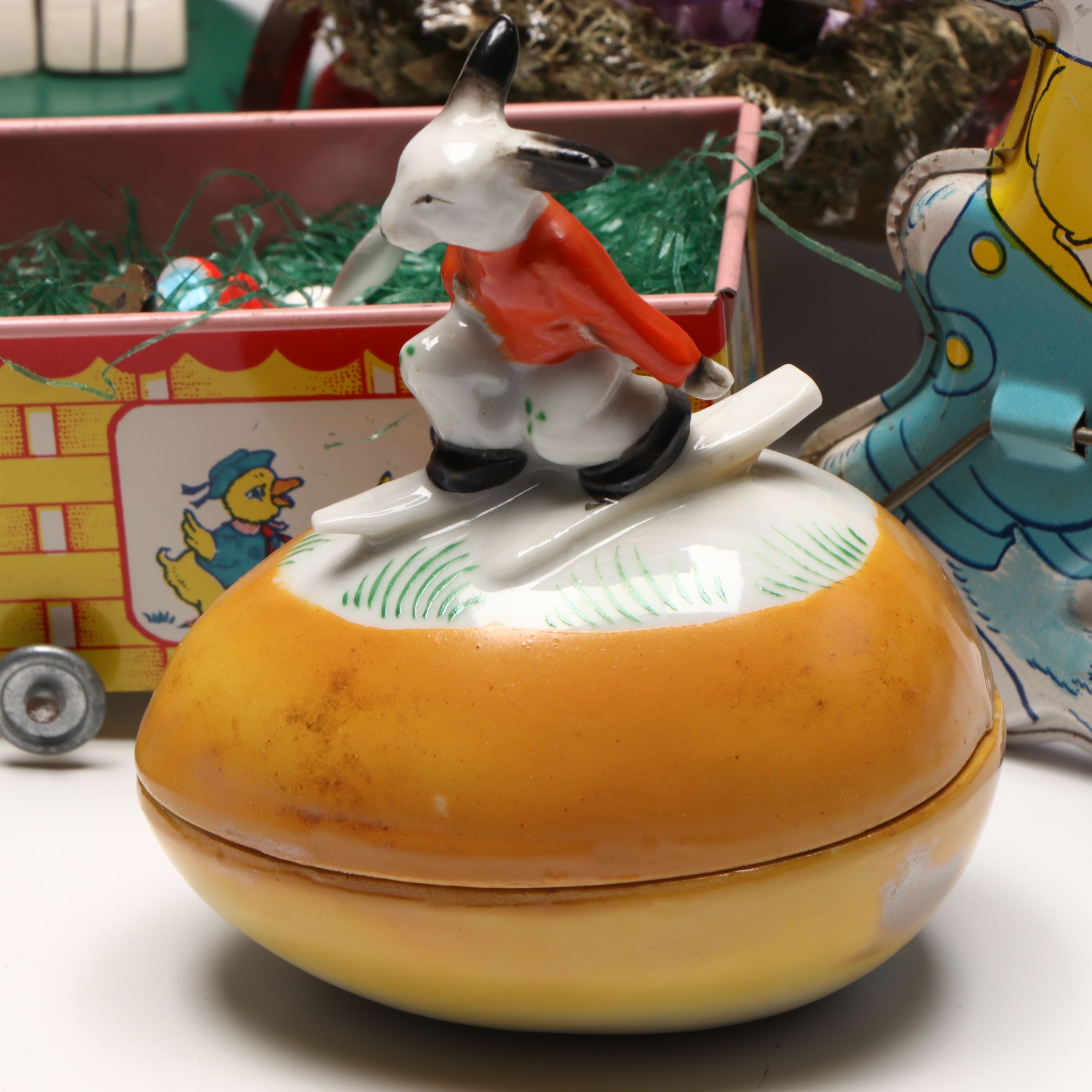 Wooden Easter Bunny Candle Holders with Other Vintage Easter Decorations