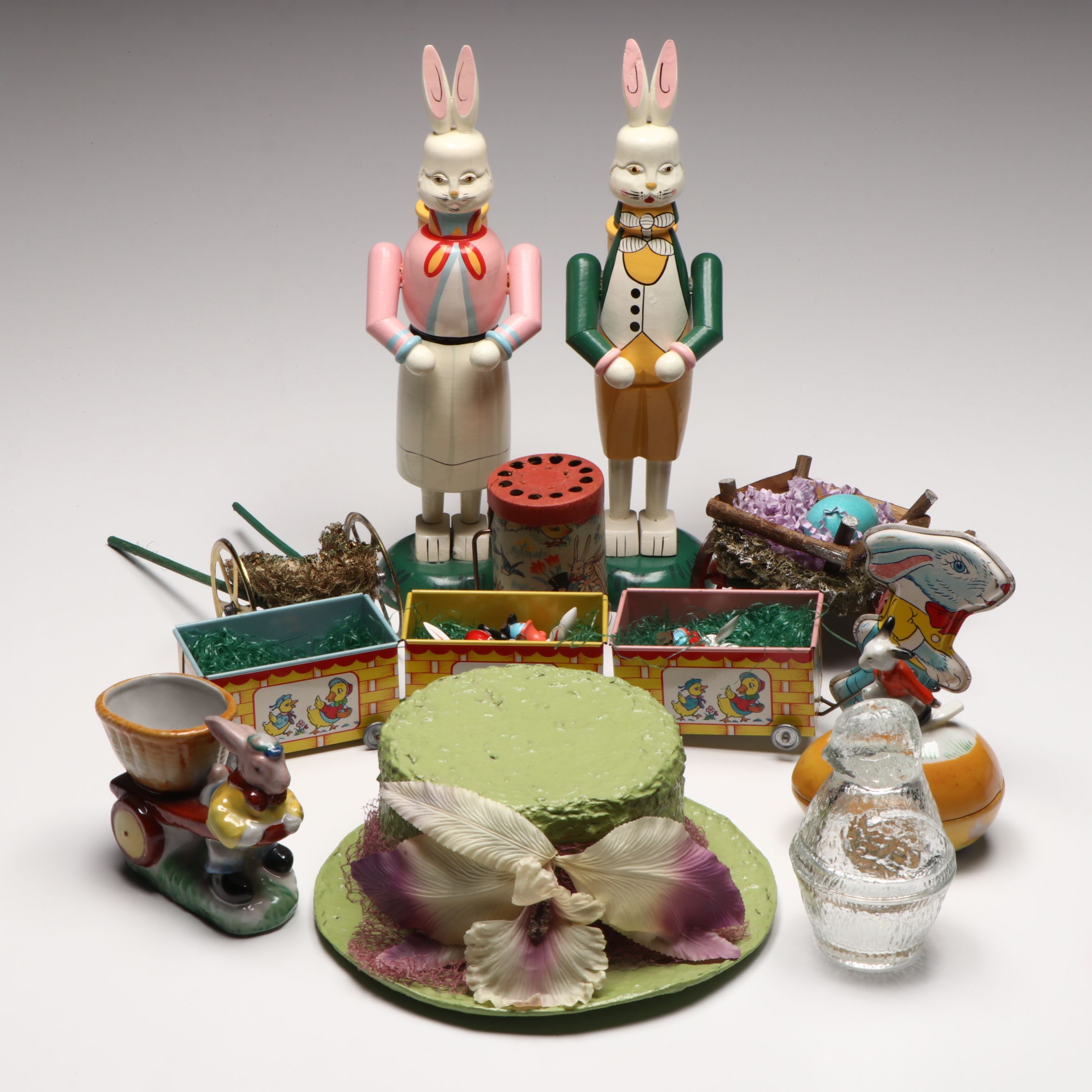 Wooden Easter Bunny Candle Holders with Other Vintage Easter Decorations