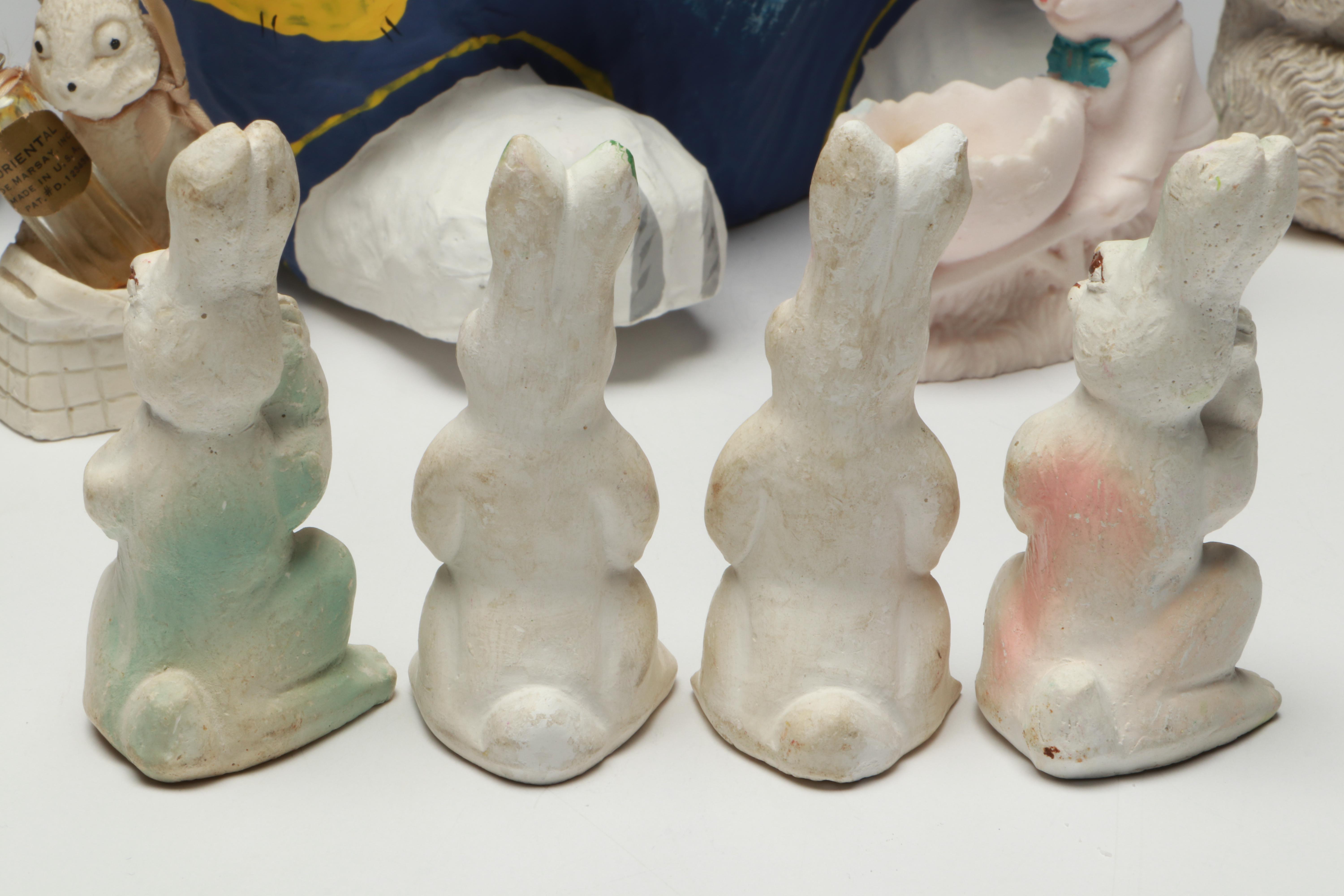 Large Papier-Mâché Easter Bunny and More Figurines, Mid to Late 20th Century
