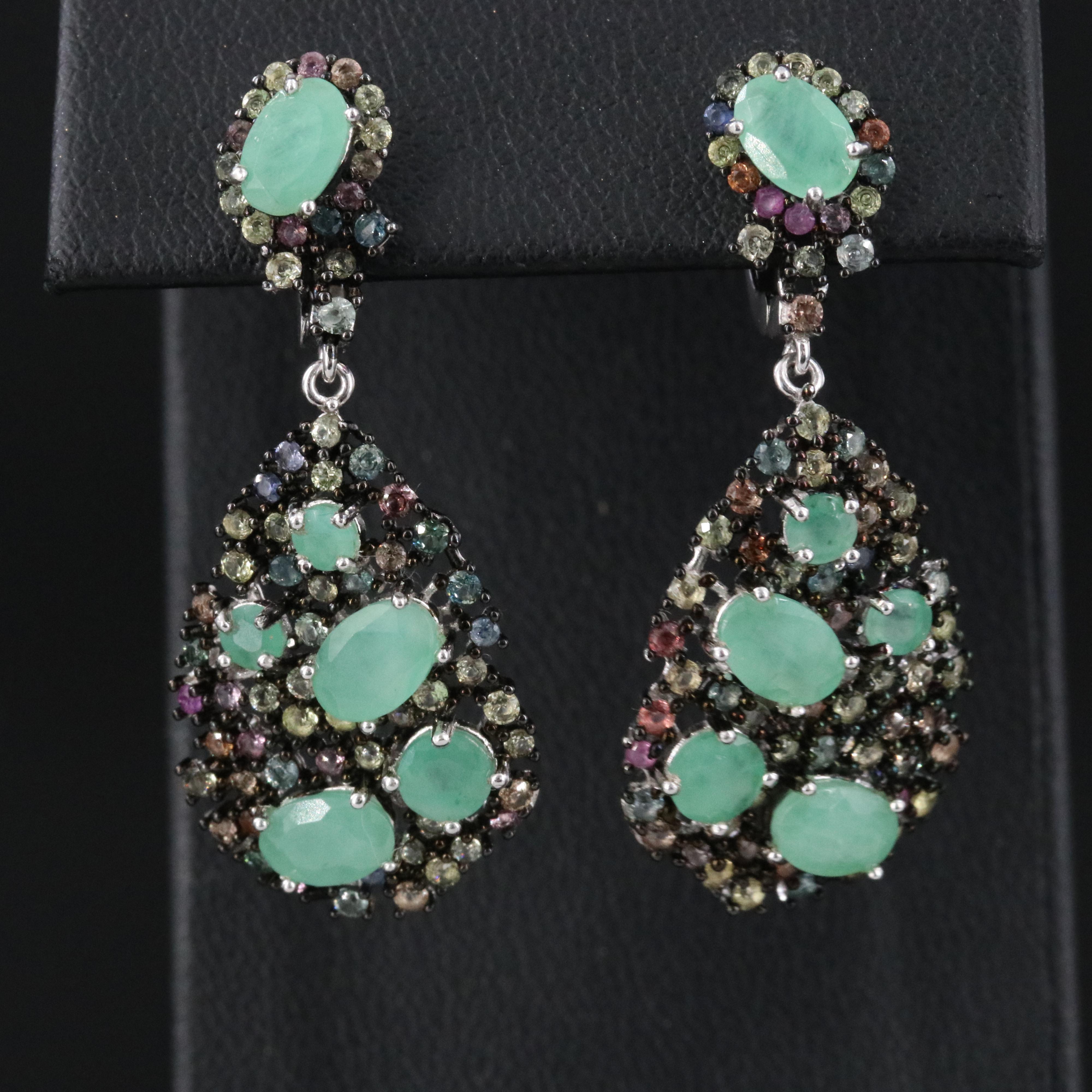 Sterling Emerald and Multicolored Sapphire Teardrop Earrings