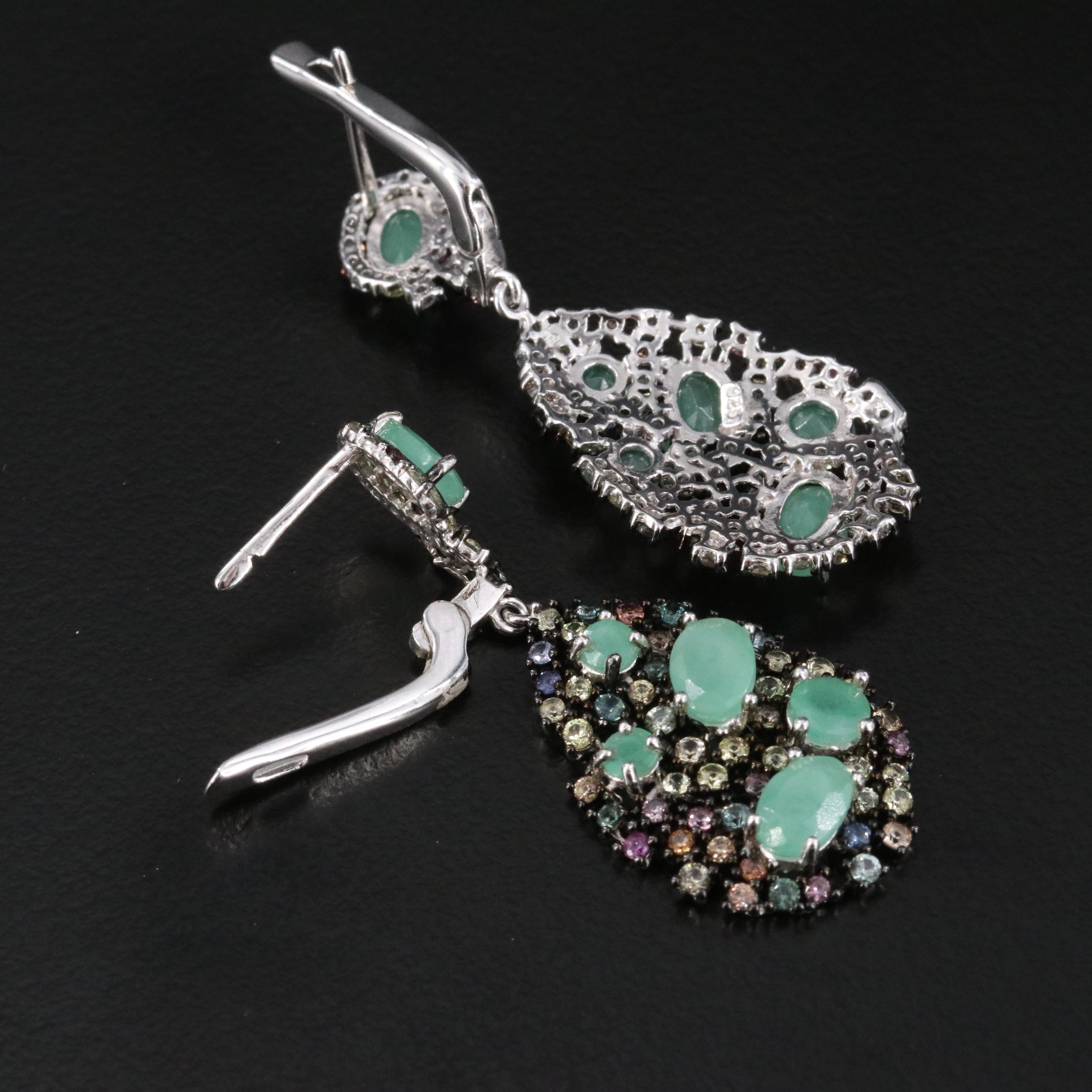 Sterling Emerald and Multicolored Sapphire Teardrop Earrings