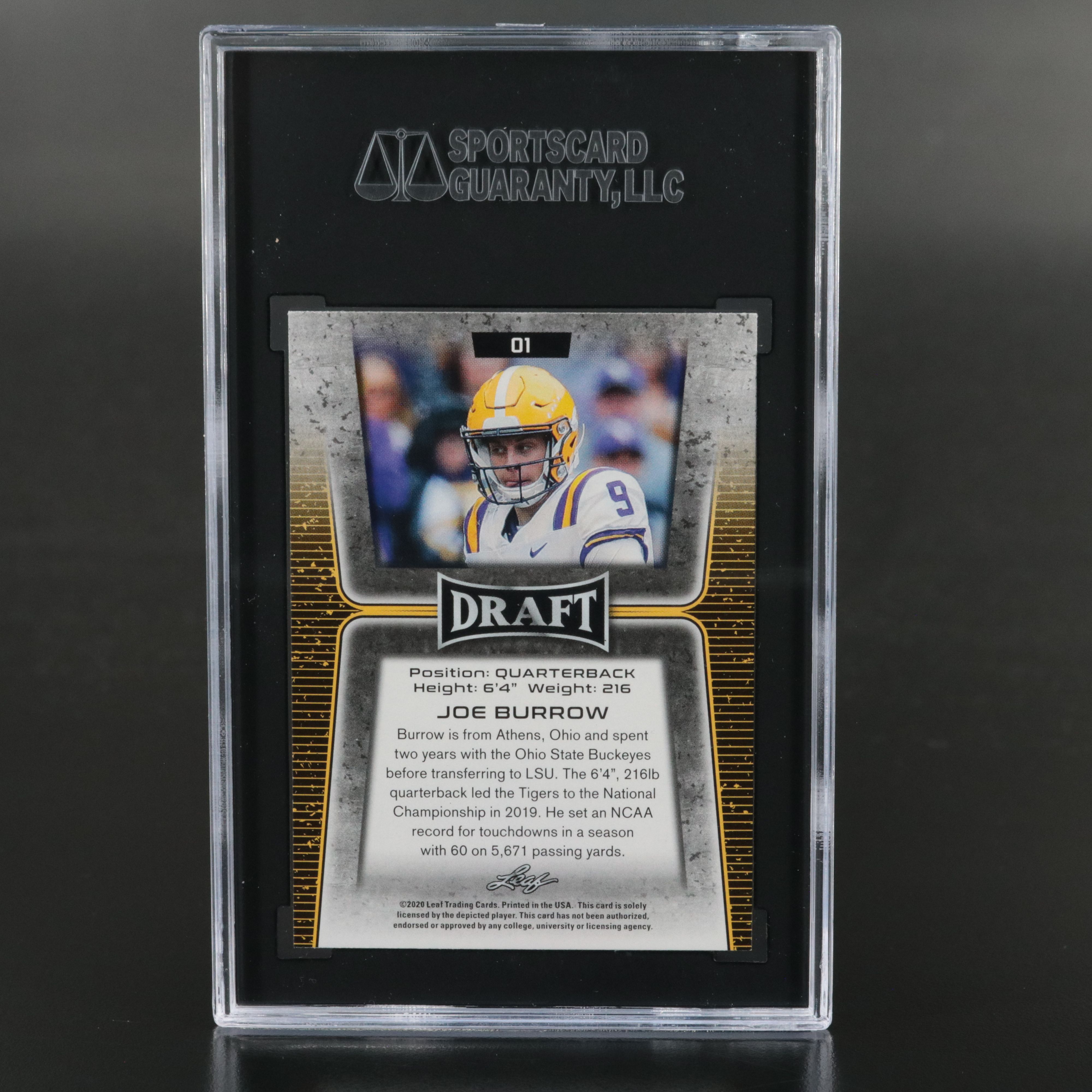 2020 Leaf Draft Joe Burrow Rookie Football Card Graded SGC 10