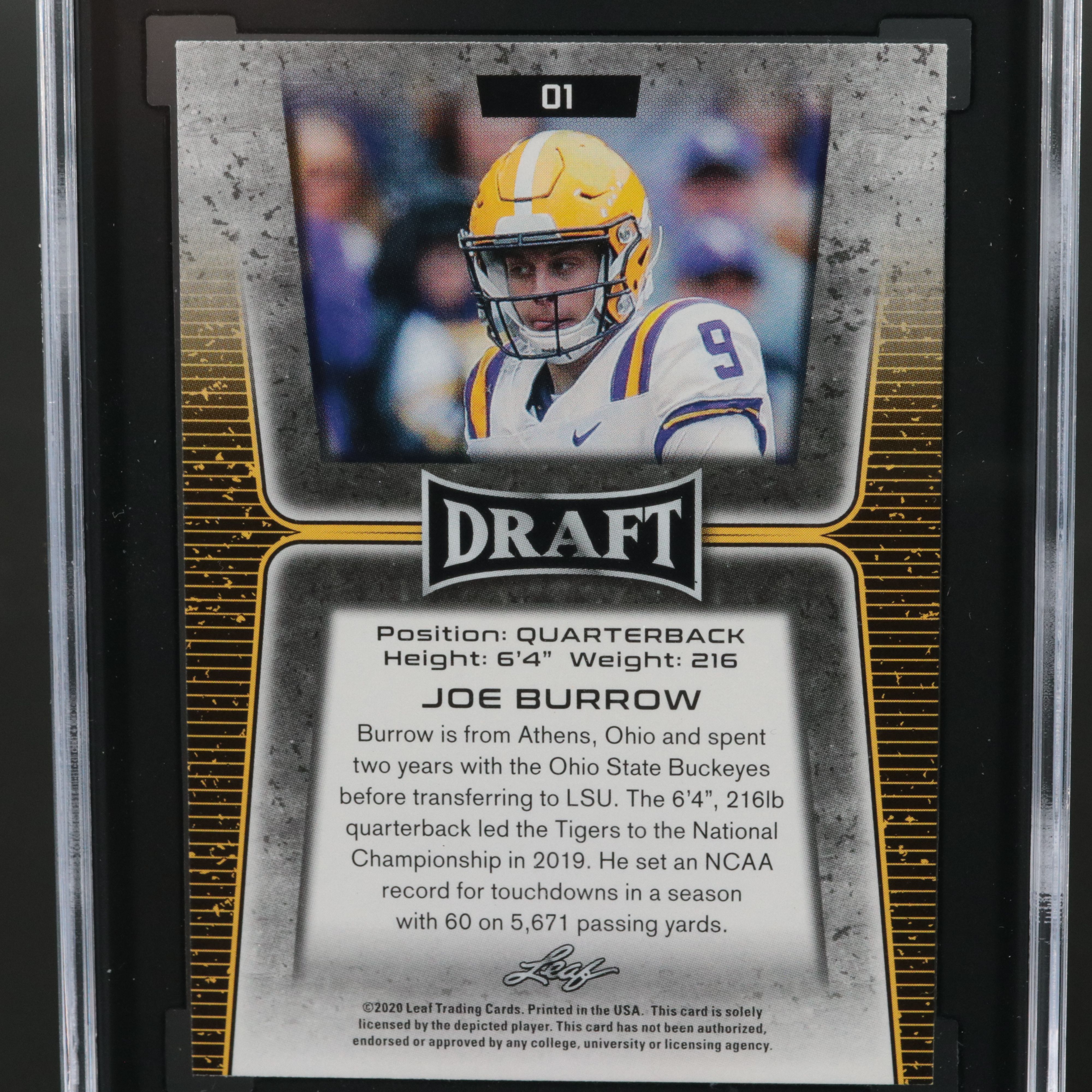 2020 Leaf Draft Joe Burrow Rookie Football Card Graded SGC 10