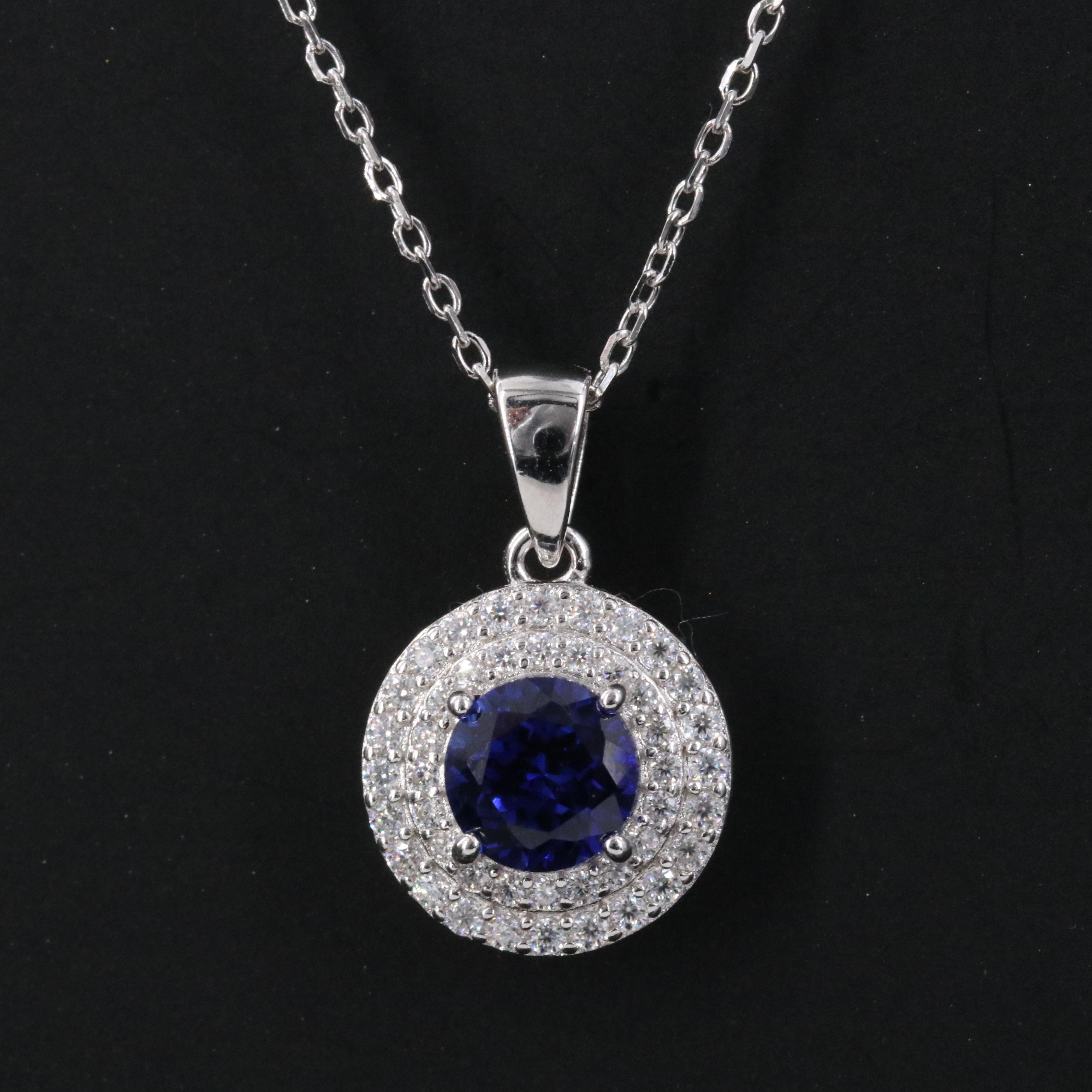 Sterling Sapphire and Moissanite Double Halo Pendant Necklace