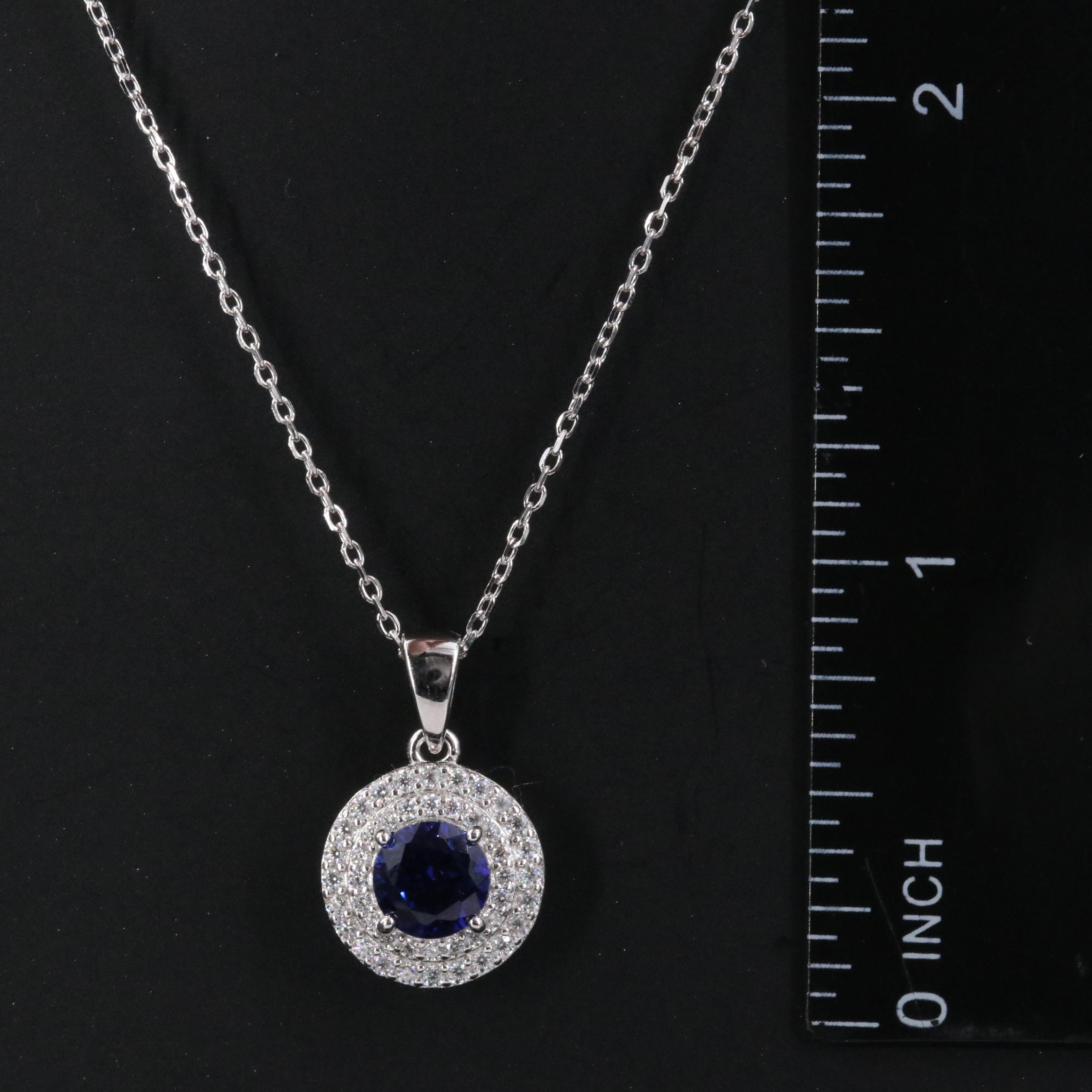 Sterling Sapphire and Moissanite Double Halo Pendant Necklace