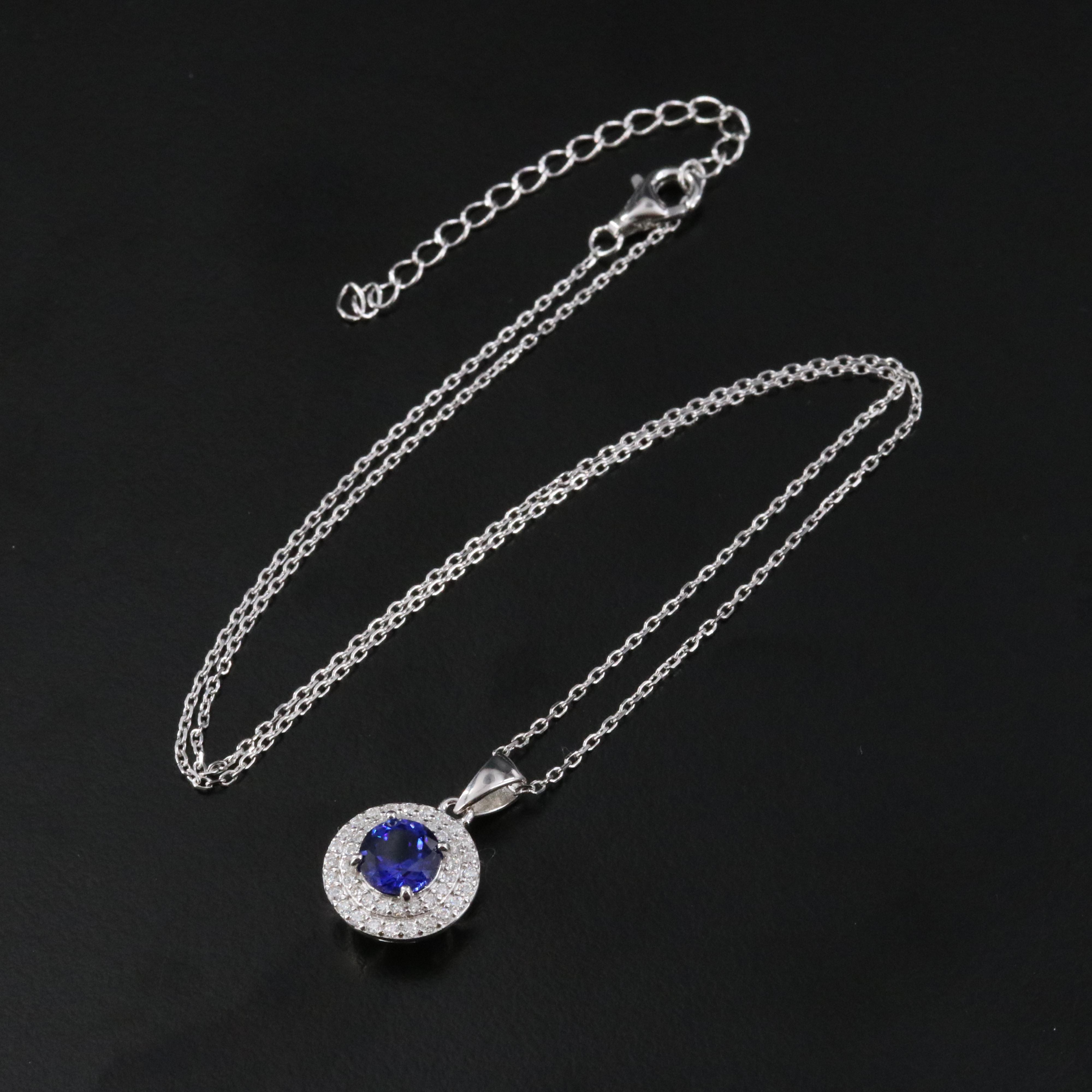 Sterling Sapphire and Moissanite Double Halo Pendant Necklace