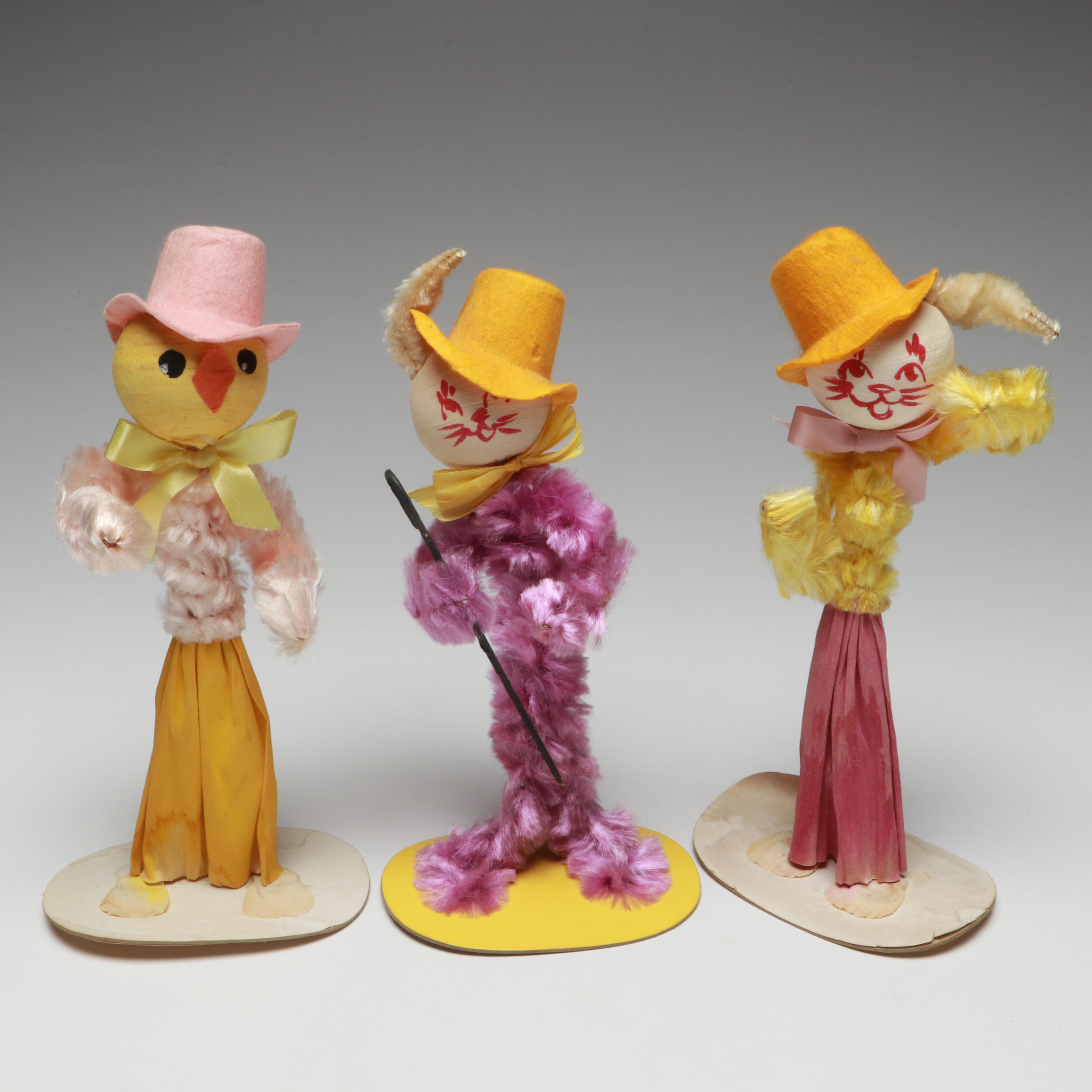 Vintage Handcrafted Easter Bunny and Chick Figurines, Mid-20th Century