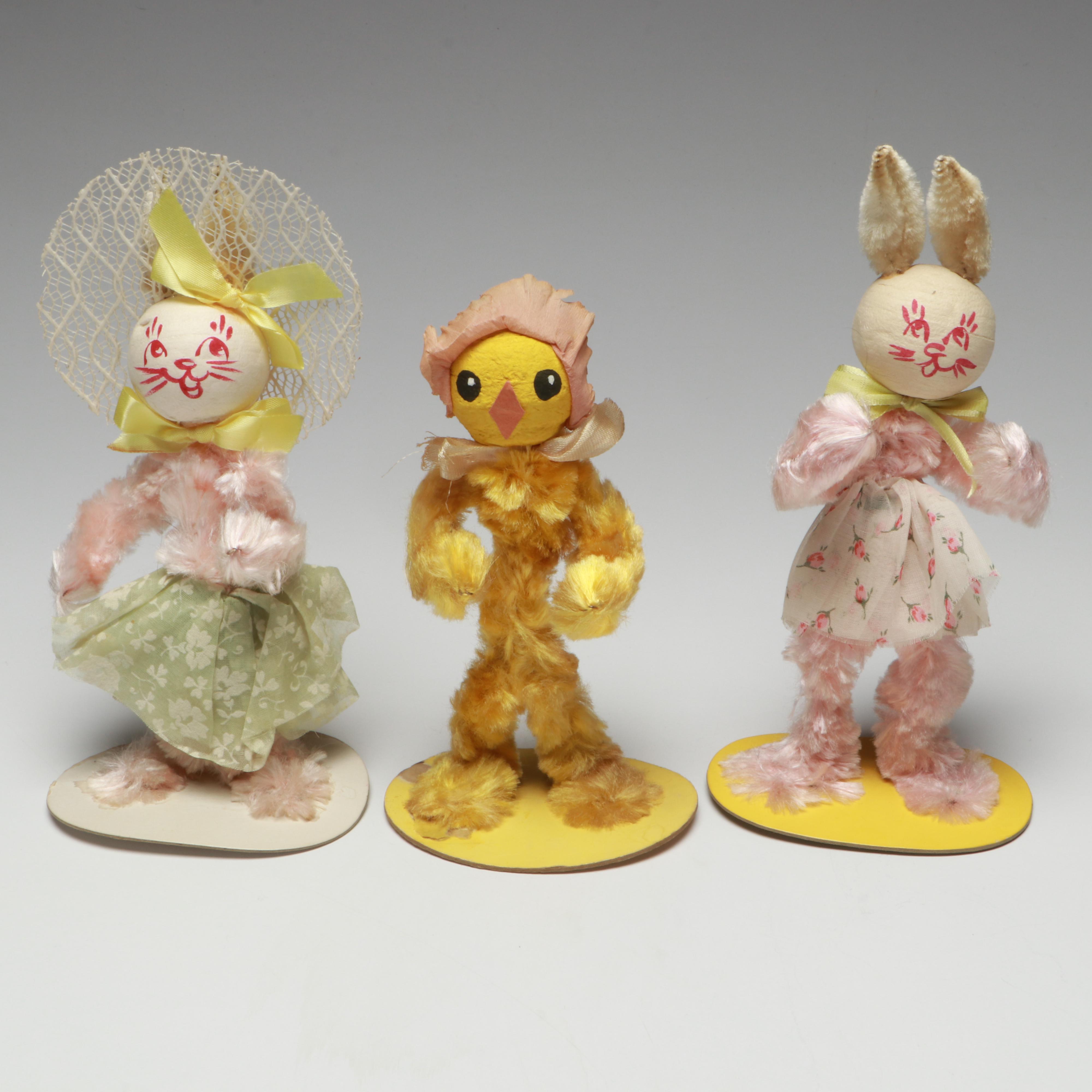 Vintage Handcrafted Easter Bunny and Chick Figurines, Mid-20th Century