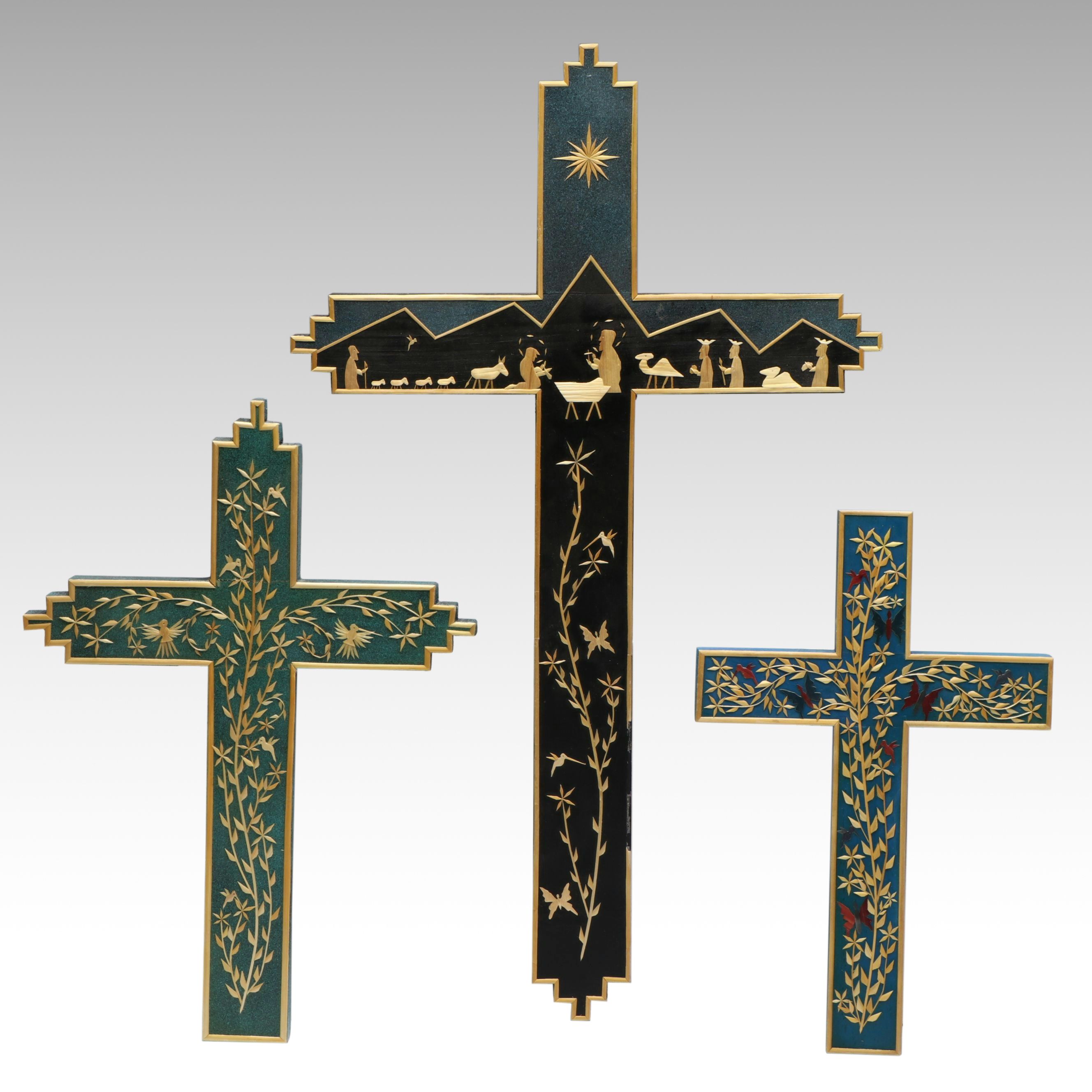 Artist Signed Inlaid Wooden Crosses, Late 20th Century