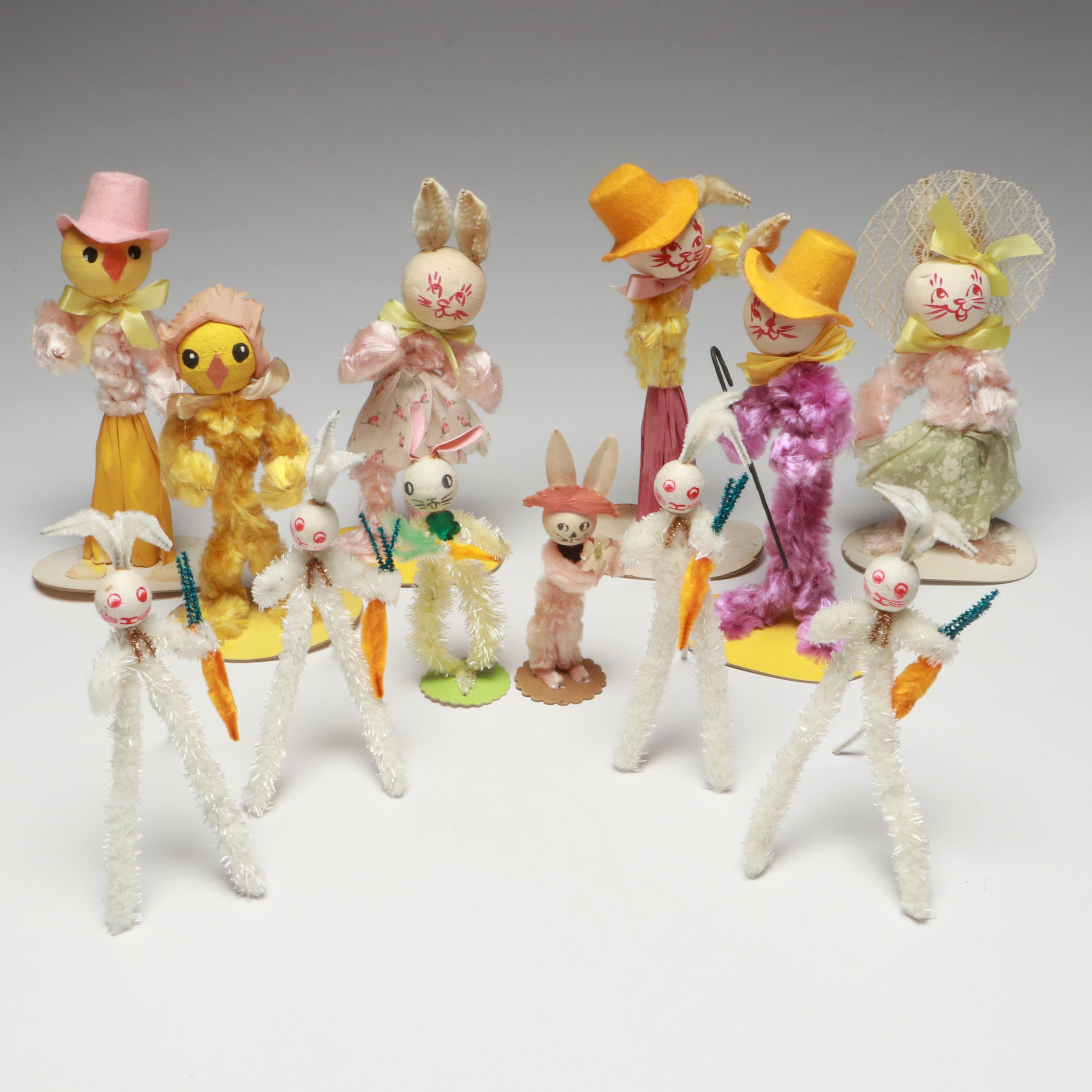 Vintage Handcrafted Easter Bunny and Chick Figurines, Mid-20th Century