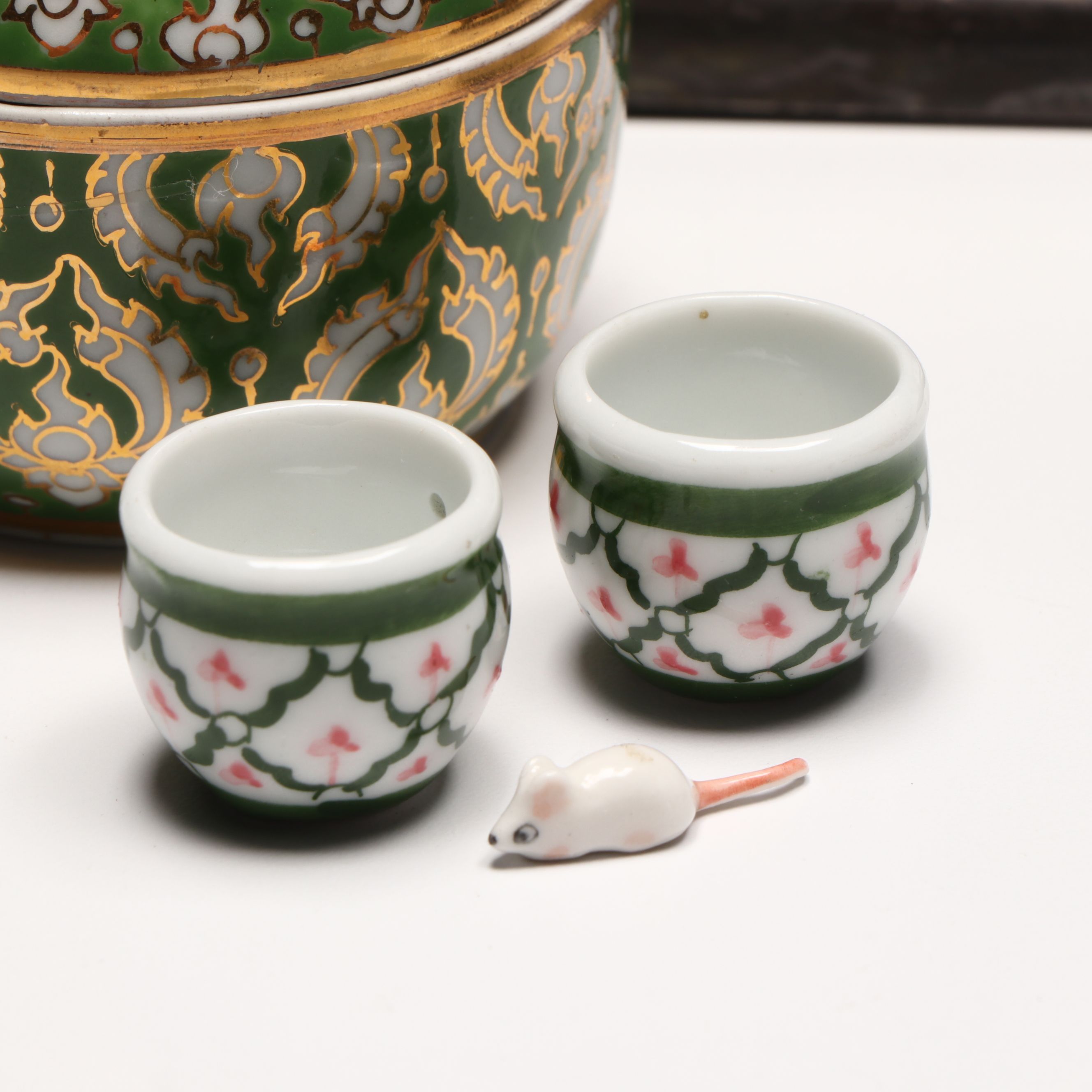 Brass Censer, Gems International Porcelain Box, and Metal Elephant Figurine