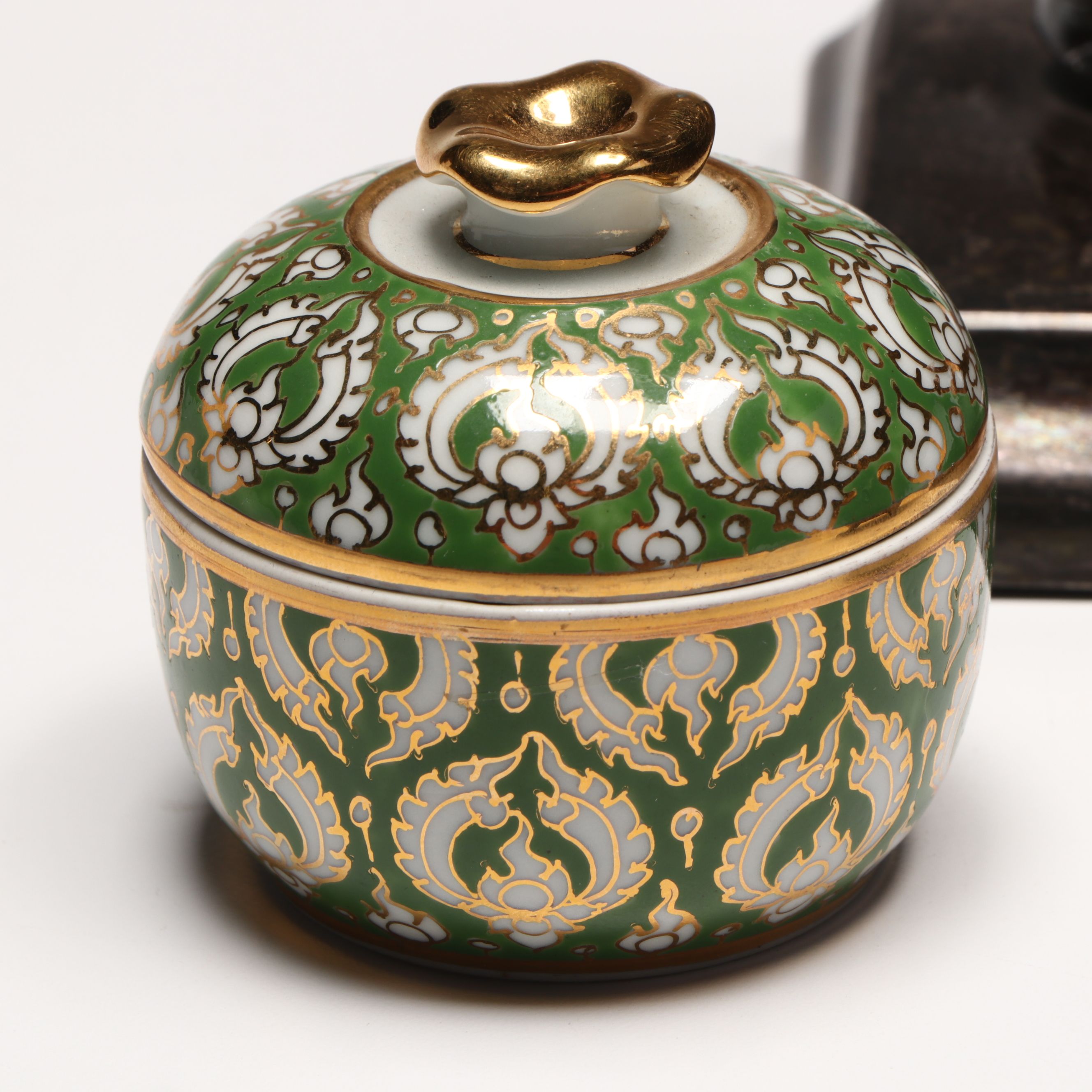 Brass Censer, Gems International Porcelain Box, and Metal Elephant Figurine