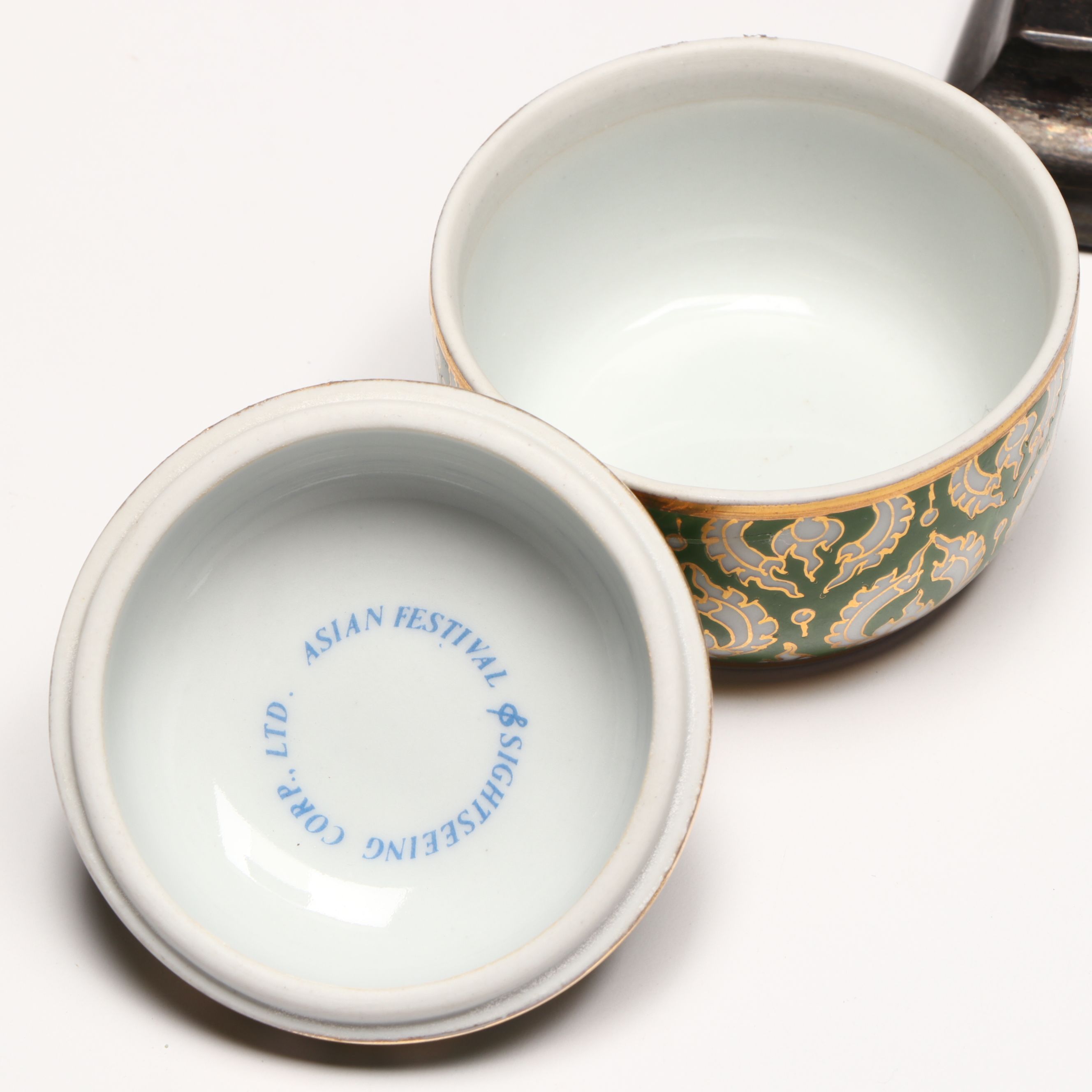 Brass Censer, Gems International Porcelain Box, and Metal Elephant Figurine