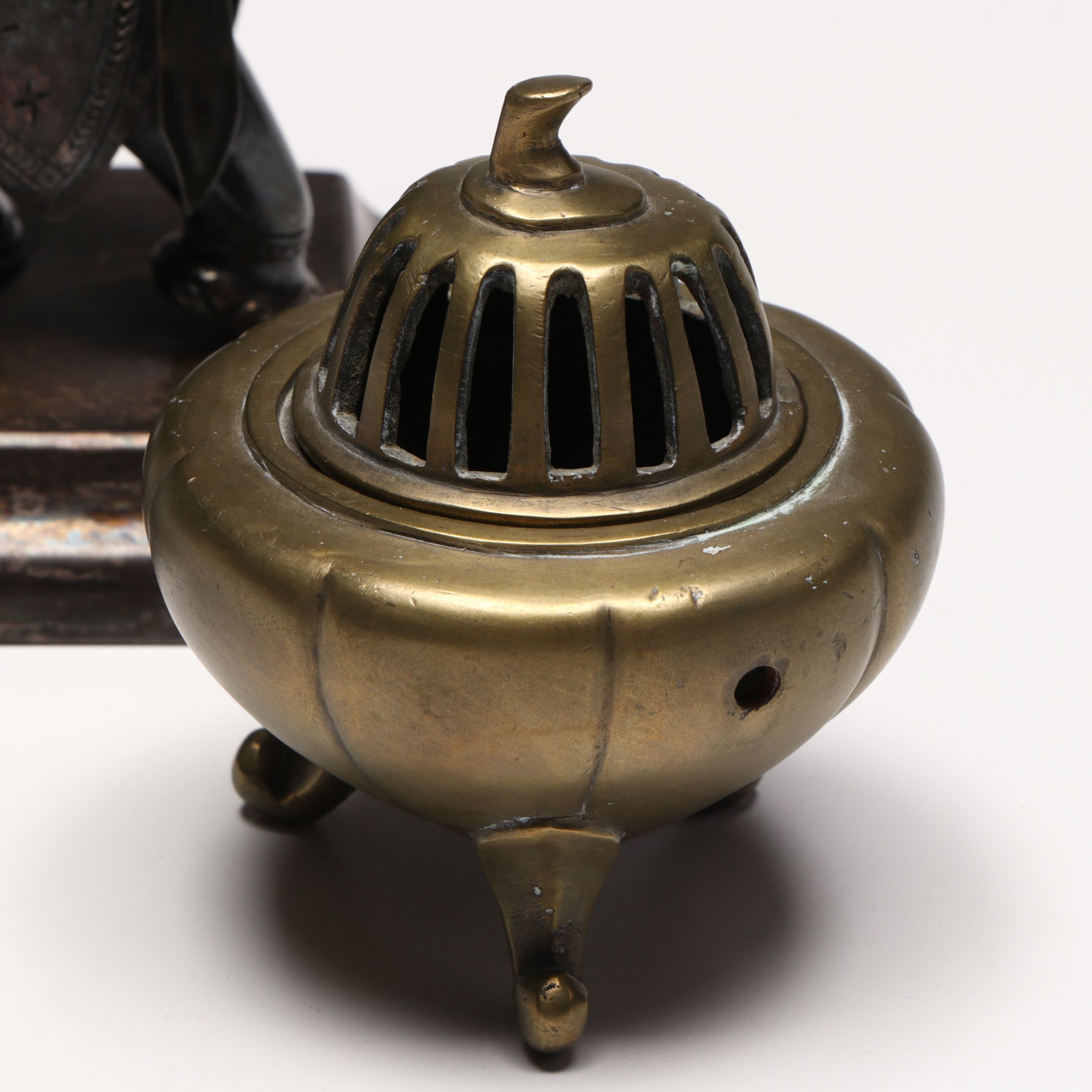 Brass Censer, Gems International Porcelain Box, and Metal Elephant Figurine