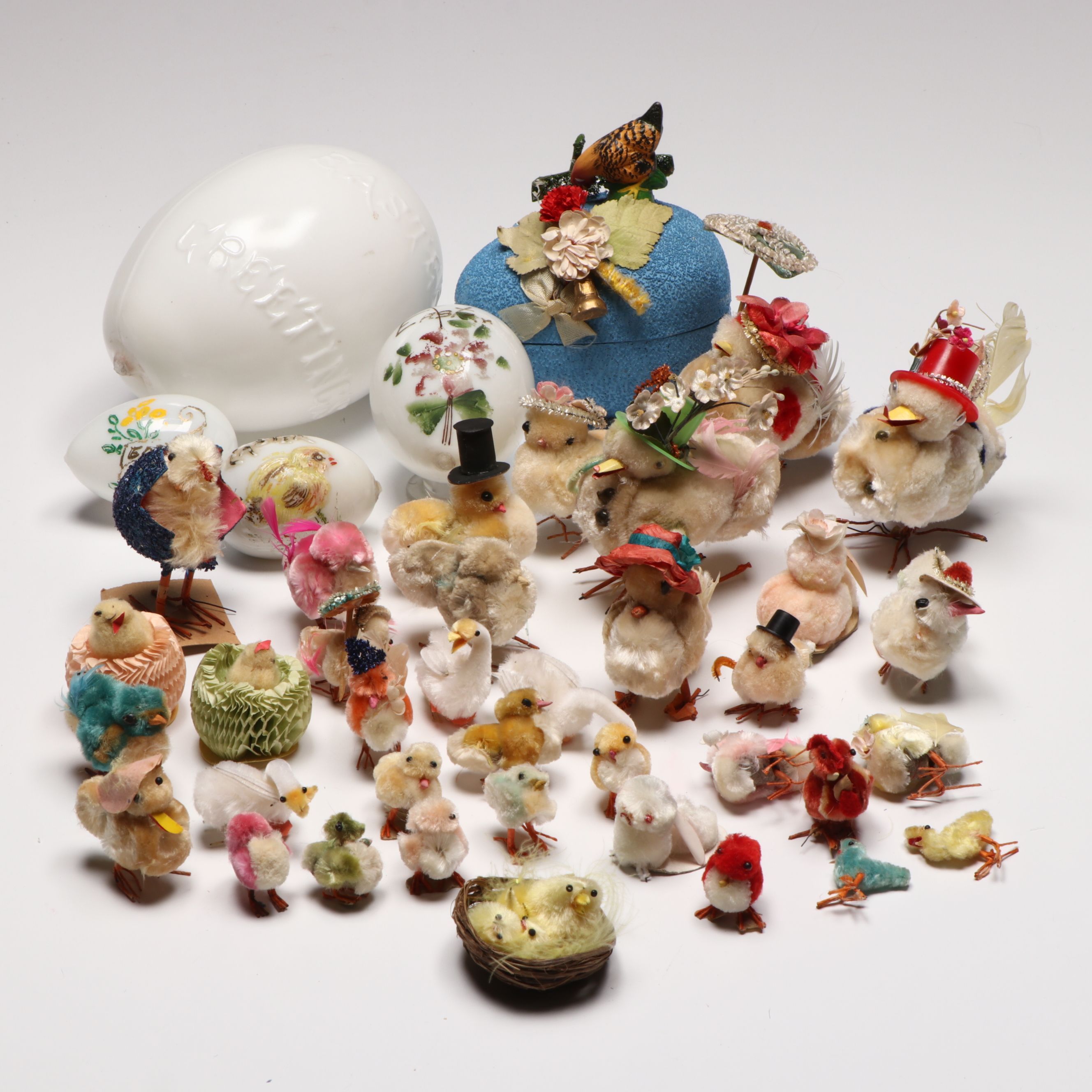 Victorian Style Milk Glass Eggs with Candy Container and Pom Pom Chicks