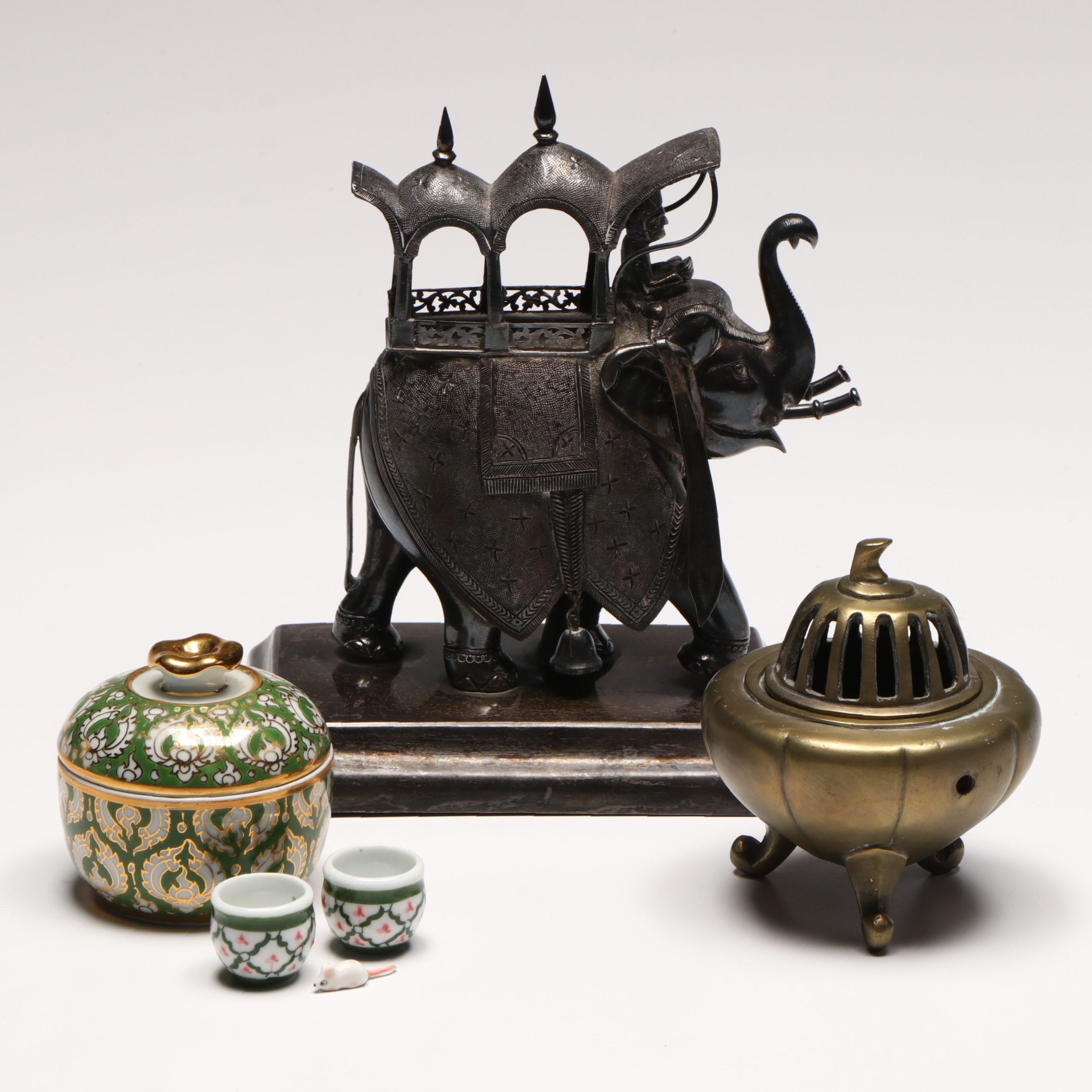 Brass Censer, Gems International Porcelain Box, and Metal Elephant Figurine