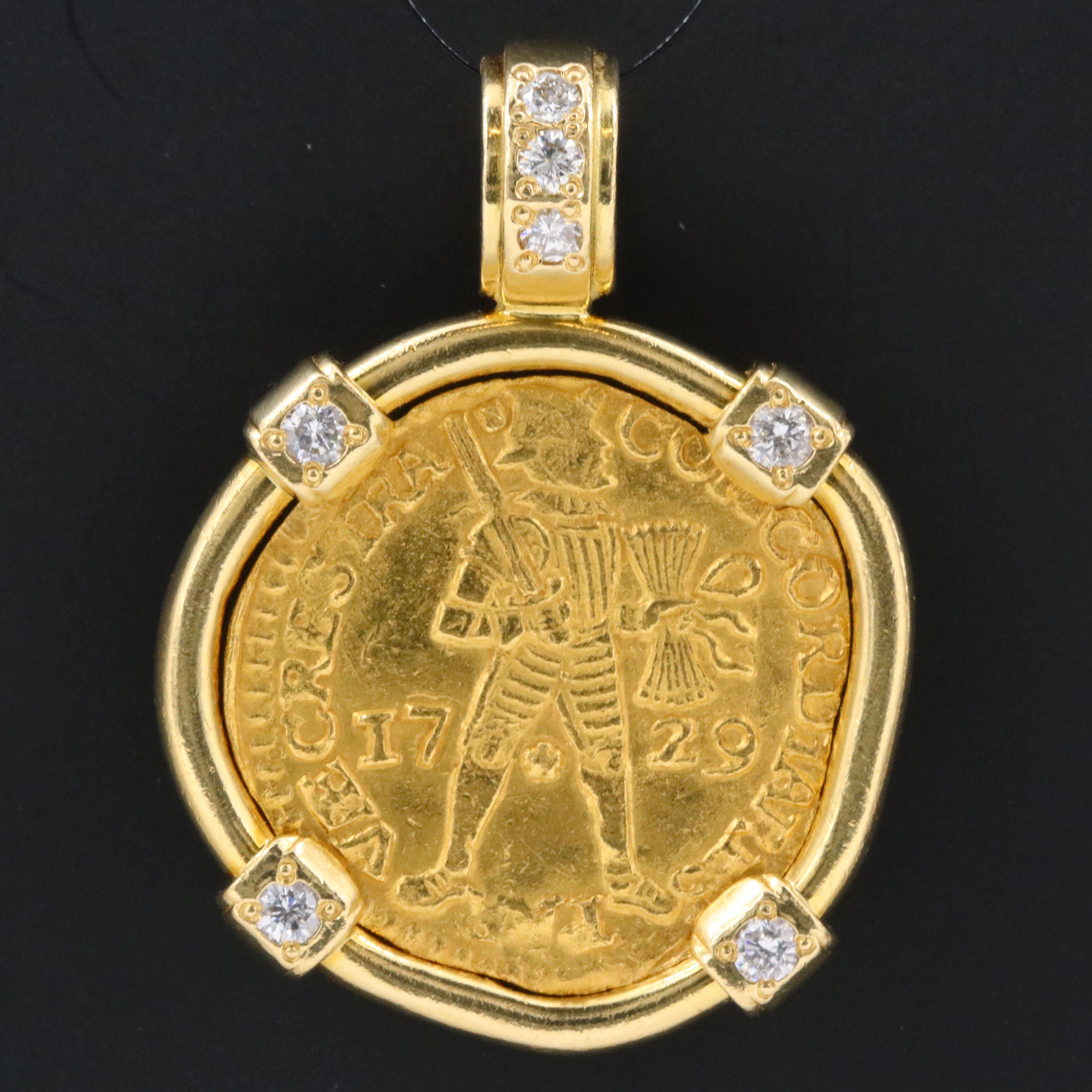 18K 0.38 CTW Diamond Pendant with 1729 Netherlands, Holland 2 Ducat Gold Coin