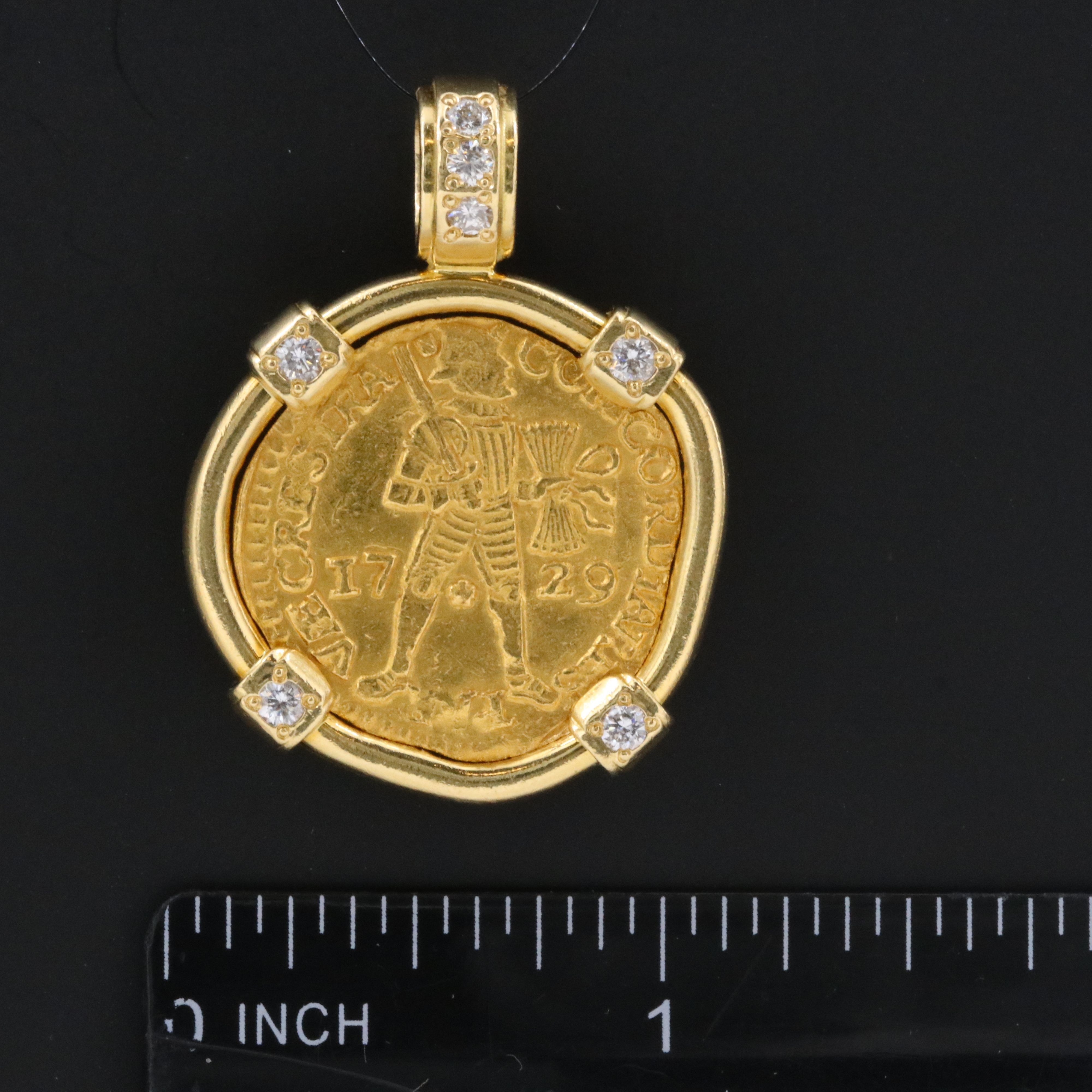 18K 0.38 CTW Diamond Pendant with 1729 Netherlands, Holland 2 Ducat Gold Coin